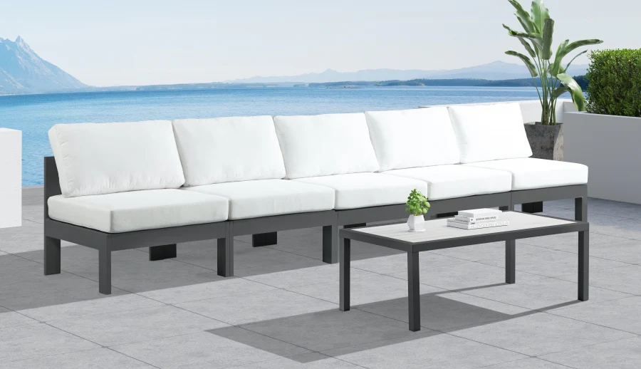 Nizuc Water Resistant Fabric Upholstered Outdoor Patio 5pc. Armless Modular Sofa - Image 11