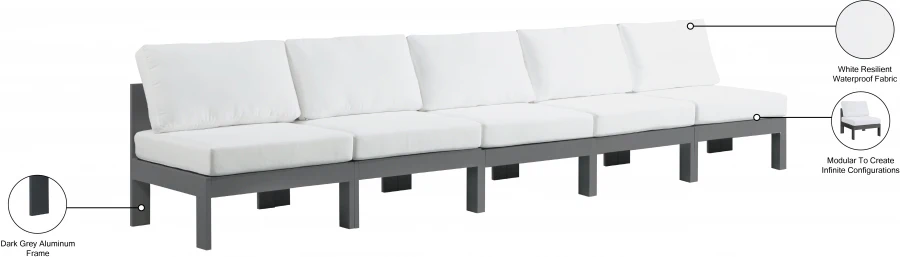 Nizuc Water Resistant Fabric Upholstered Outdoor Patio 5pc. Armless Modular Sofa - Image 18