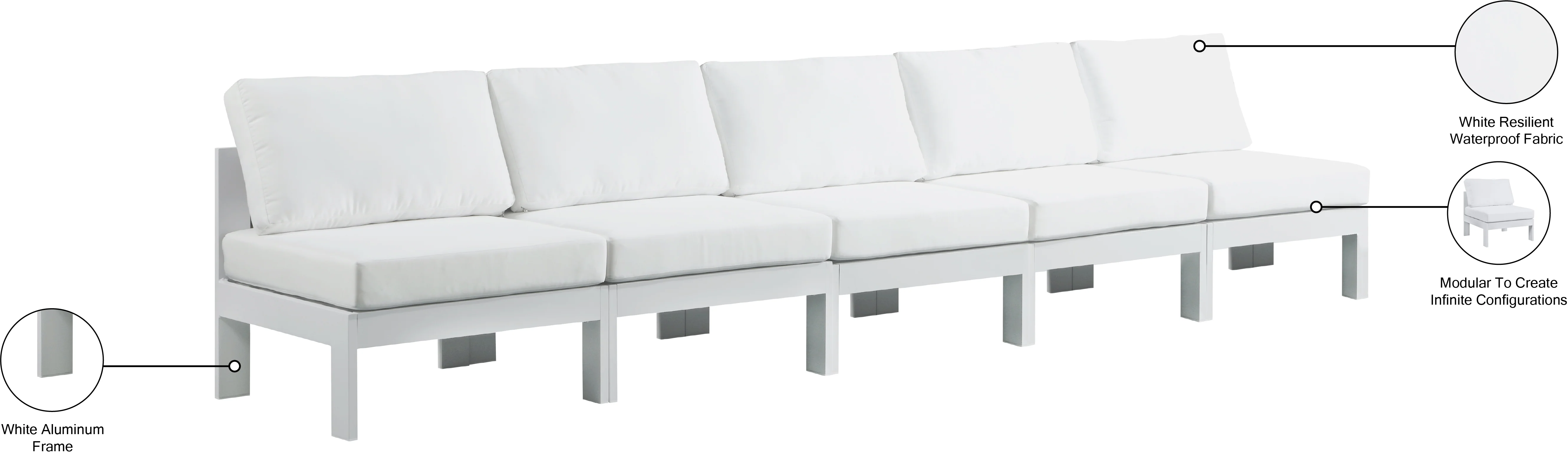 Nizuc Water Resistant Fabric Upholstered Outdoor Patio 5pc. Armless Modular Sofa - Image 16