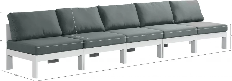 Nizuc Water Resistant Fabric Upholstered Outdoor Patio 5pc. Armless Modular Sofa - Image 7