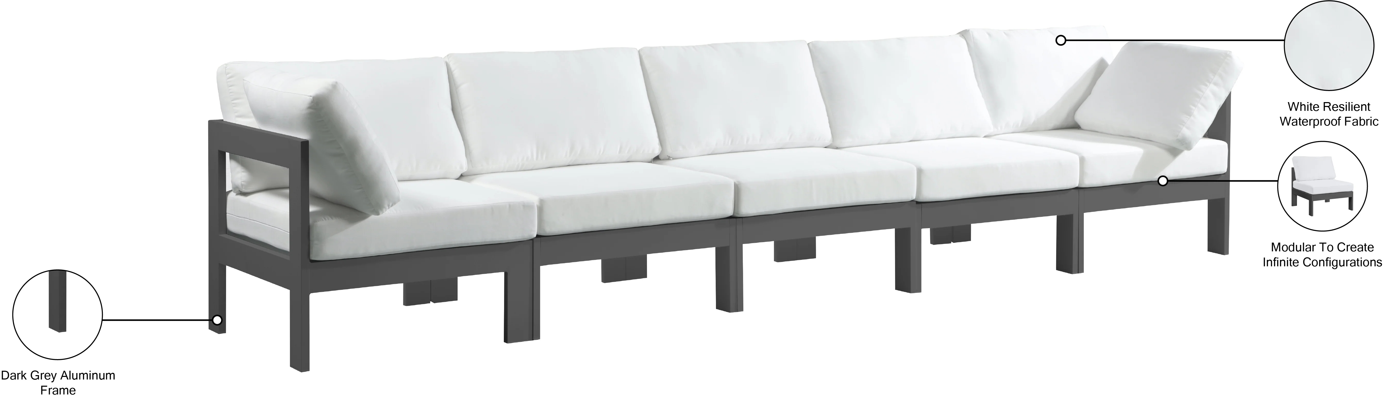 Nizuc Water Resistant Fabric Upholstered Outdoor Patio 5pc. Modular Sofa - Image 18