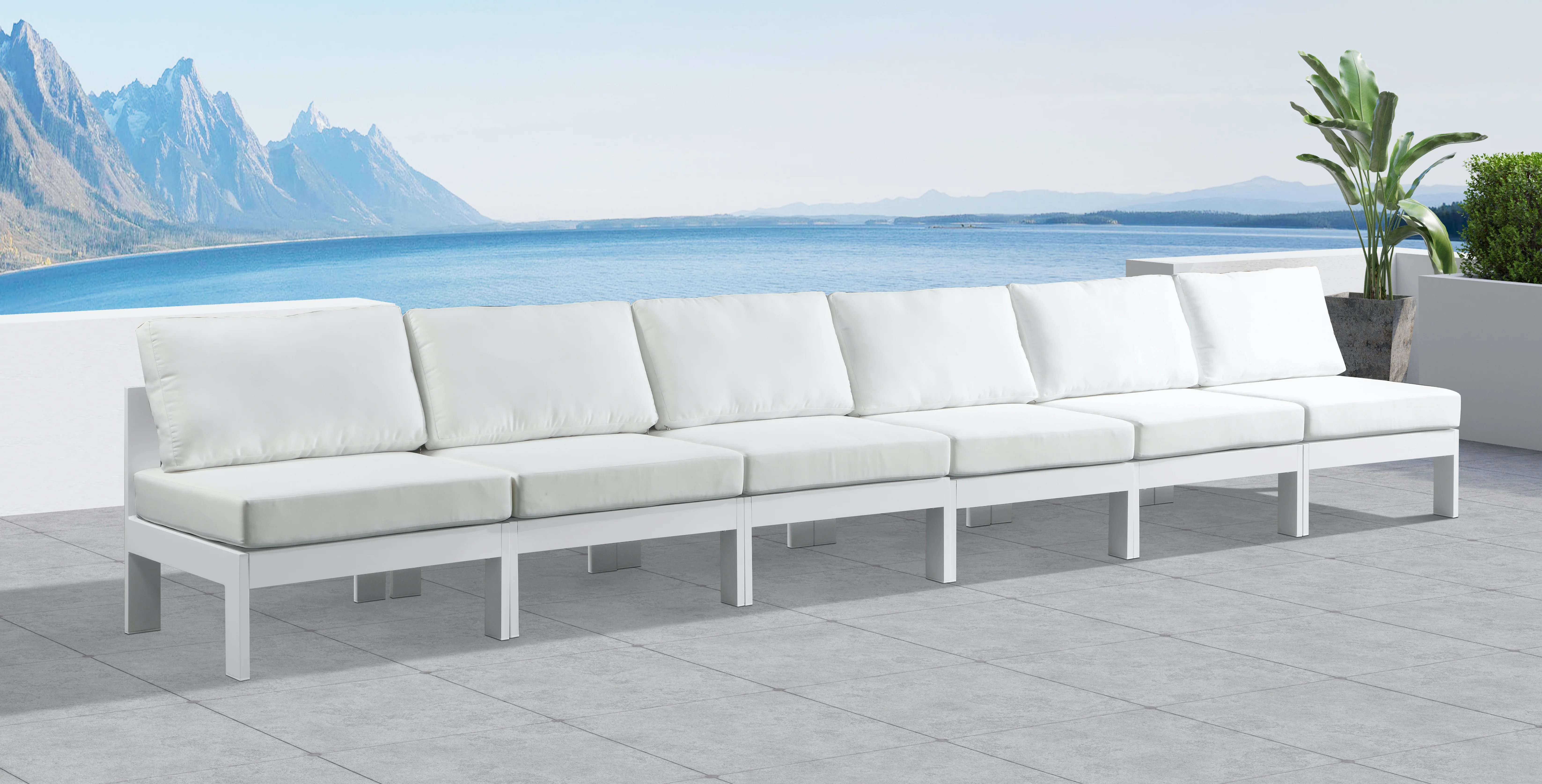 Nizuc Water Resistant Fabric Upholstered Outdoor Patio 6pc. Armless Modular Sofa - Image 11