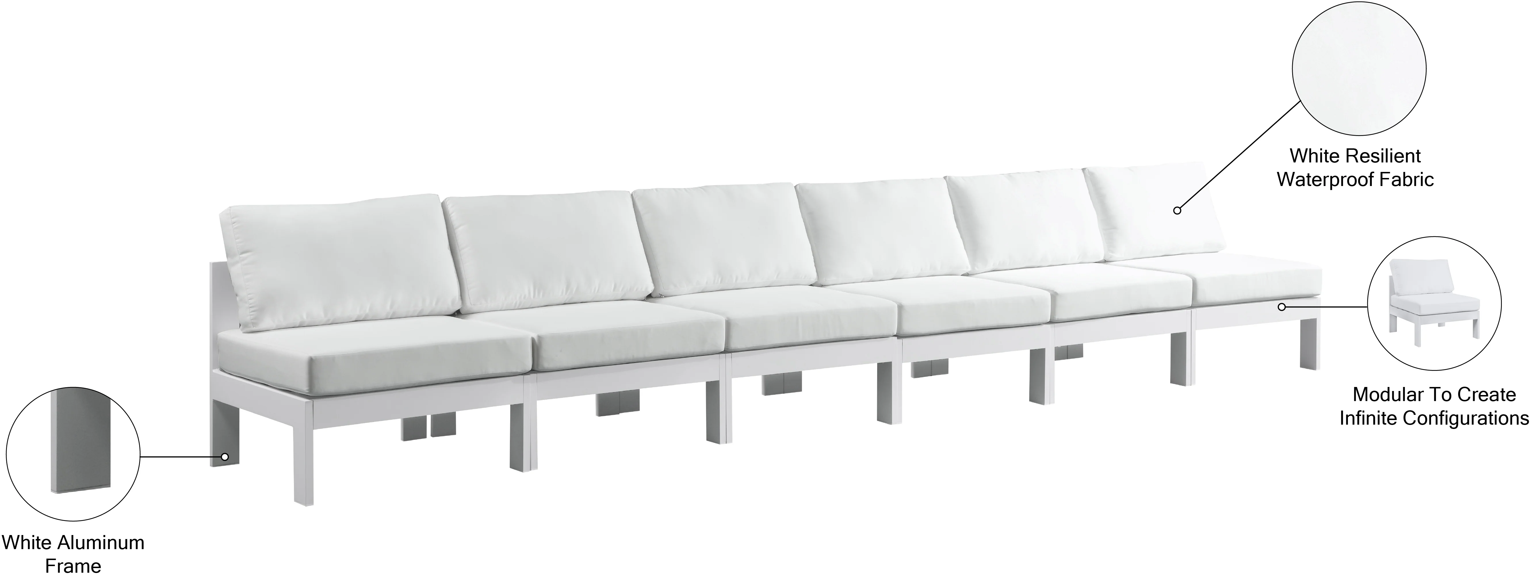 Nizuc Water Resistant Fabric Upholstered Outdoor Patio 6pc. Armless Modular Sofa - Image 17