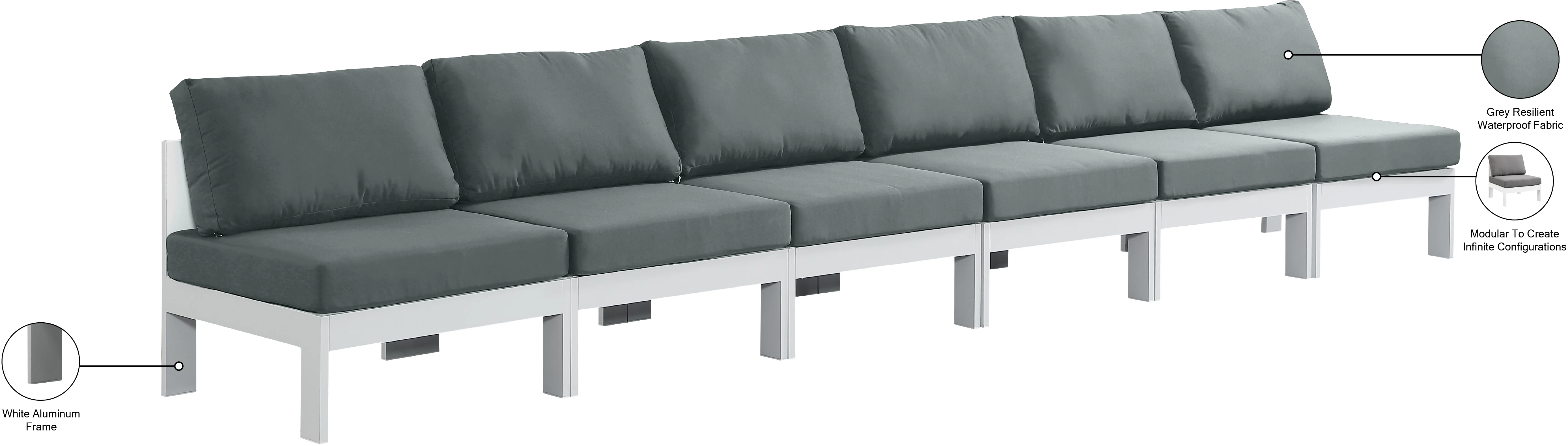 Nizuc Water Resistant Fabric Upholstered Outdoor Patio 6pc. Armless Modular Sofa - Image 9