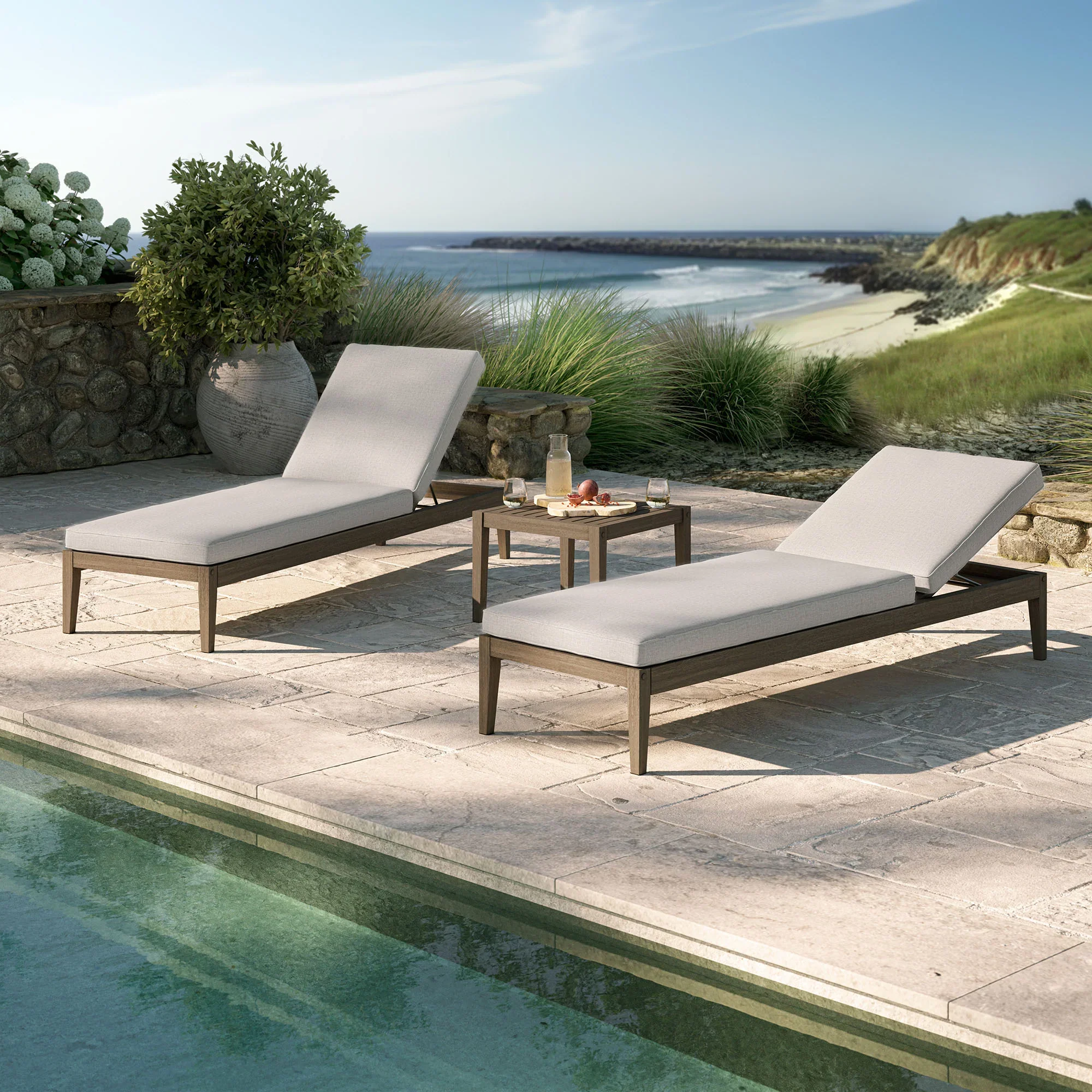 Northlake 3-Piece Outdoor Teak Wood Furniture Set with Chaise Lounges and Side Table - Image 10