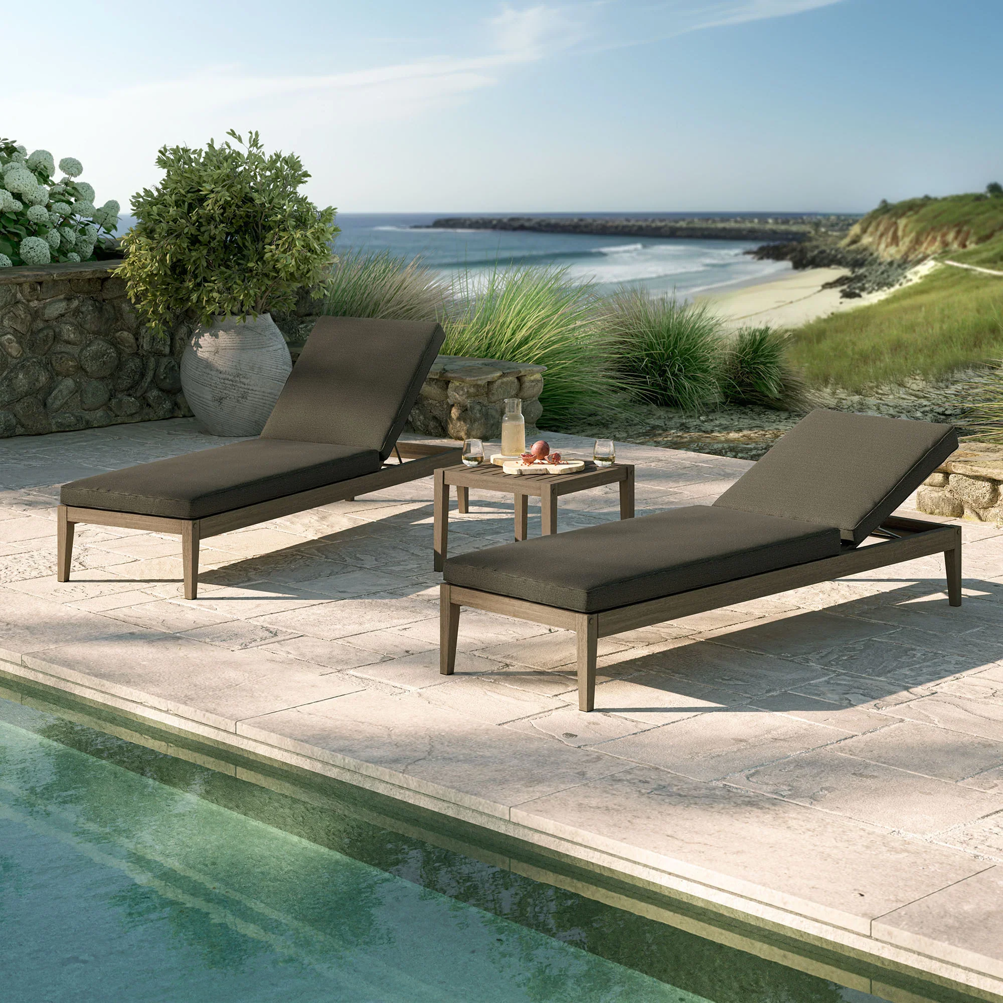 Northlake 3-Piece Outdoor Teak Wood Furniture Set with Chaise Lounges and Side Table - Image 19