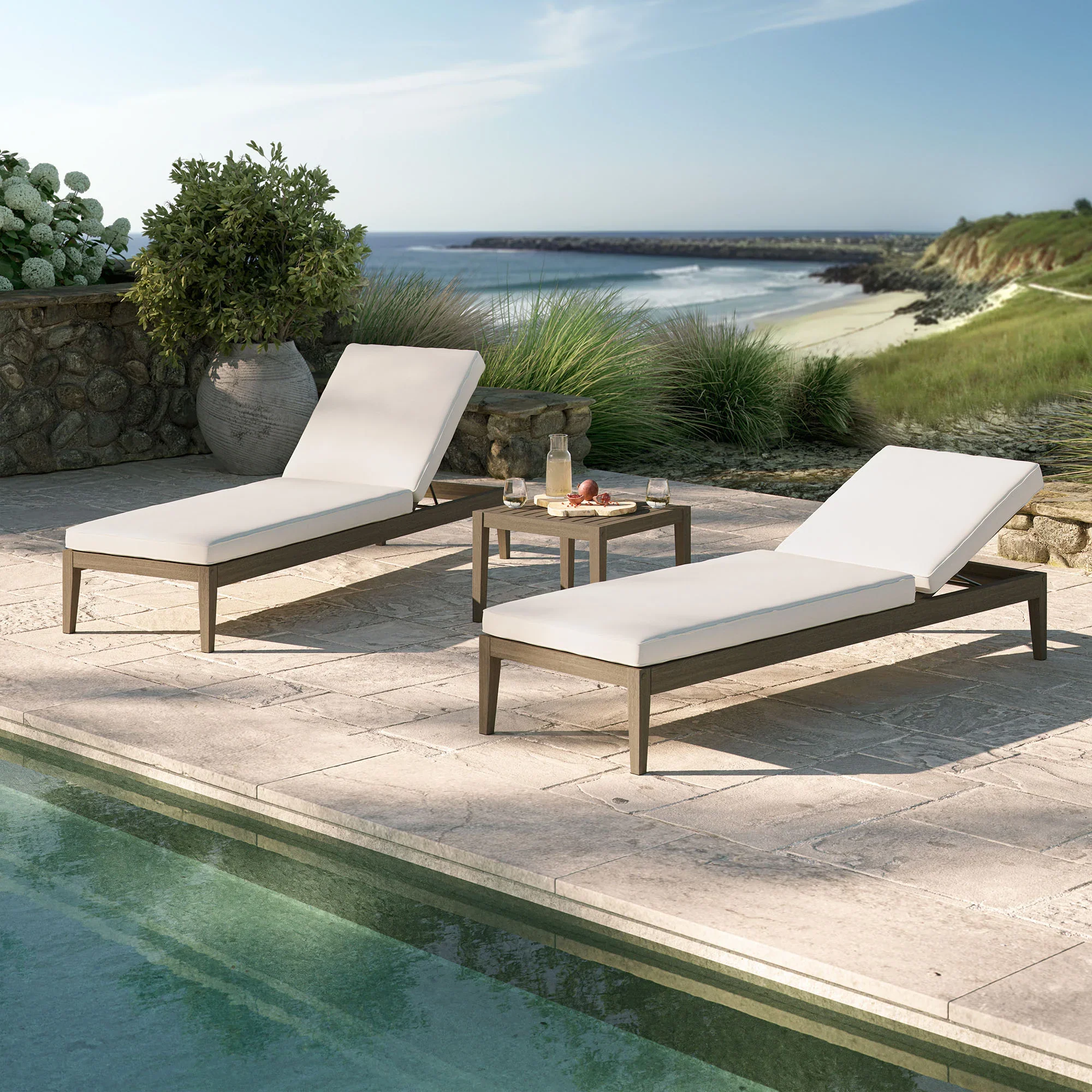 Northlake 3-Piece Outdoor Teak Wood Furniture Set with Chaise Lounges and Side Table - Image 2