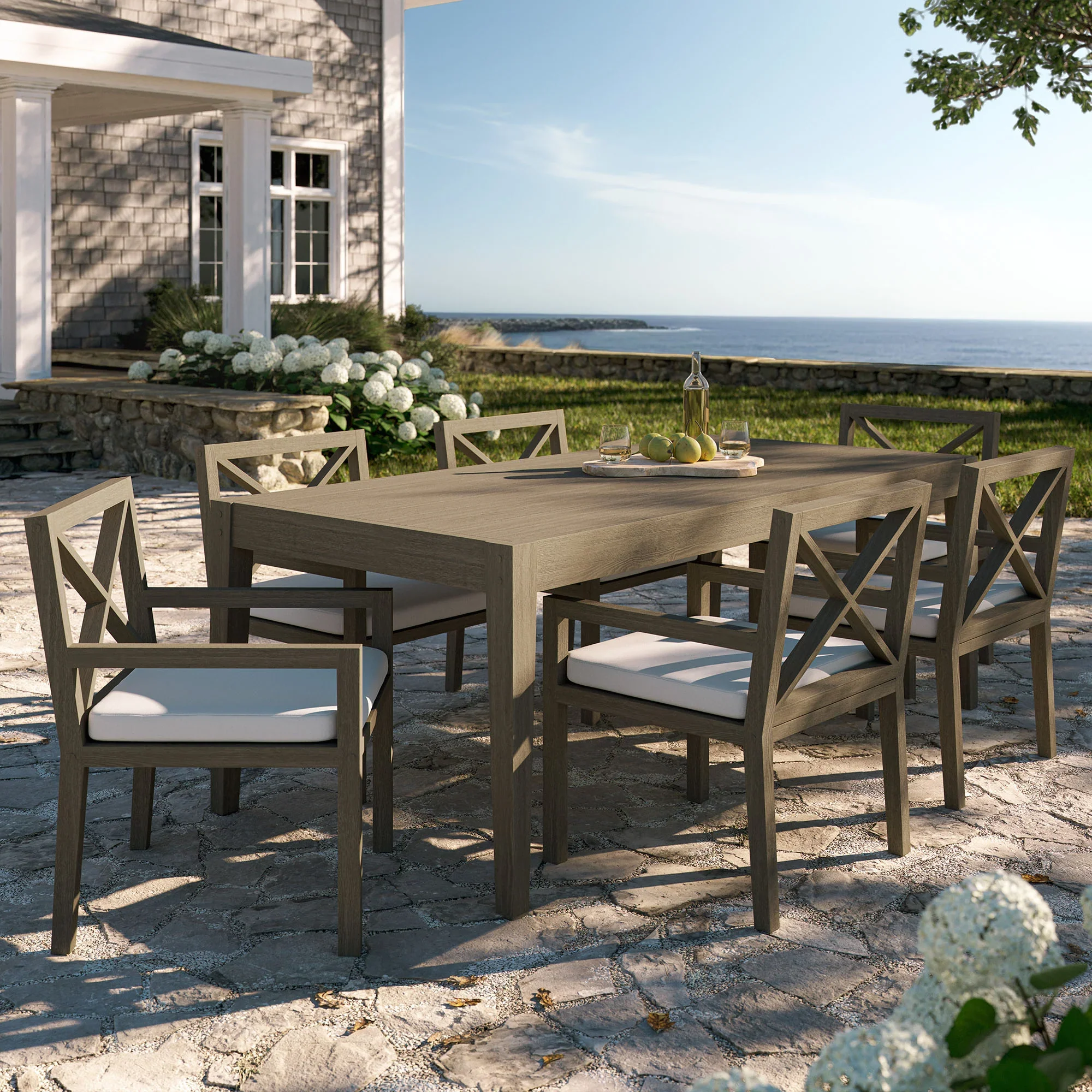 Northlake 7-Piece Outdoor Patio Teak Wood Dining Set in Weathered Gray - Image 2