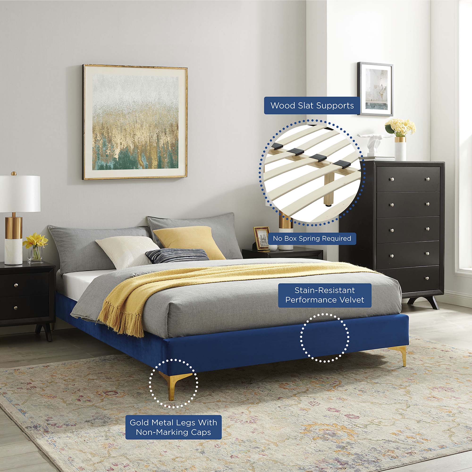 Novi Performance Velvet Bed With Gold Metal Legs - Image 14