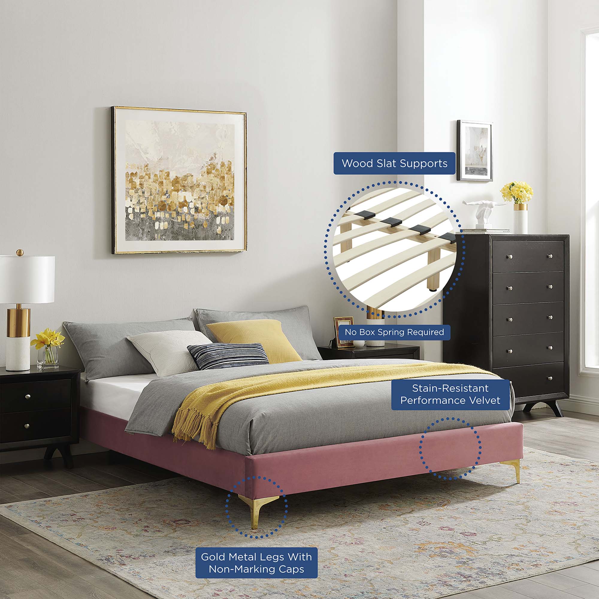 Novi Performance Velvet Bed With Gold Metal Legs - Image 3