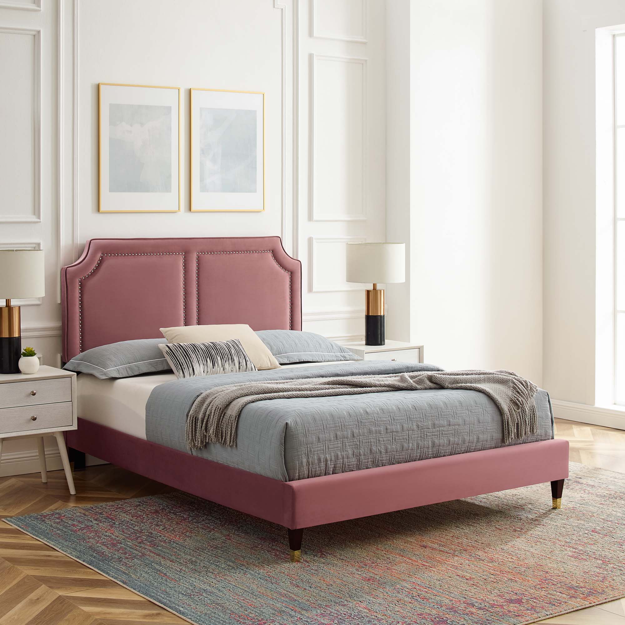 Novi Performance Velvet Bed With Wood and Gold Legs - Image 17