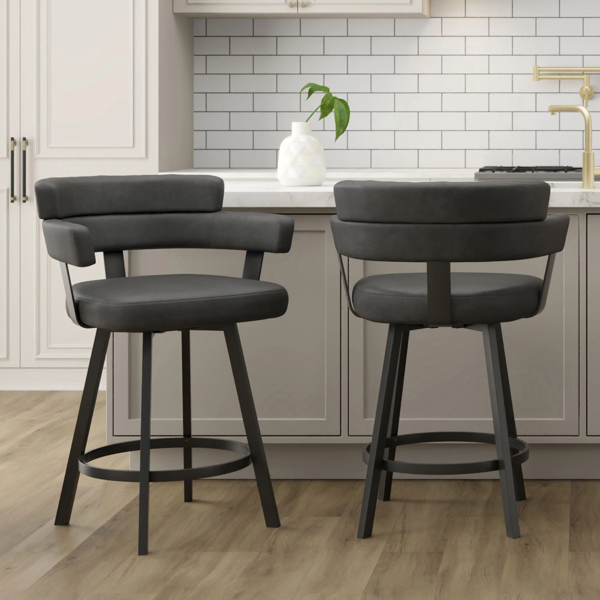 Oberon 26" Counter Stool with Swivel, set of 2 in Charcoal and Black - Image 2