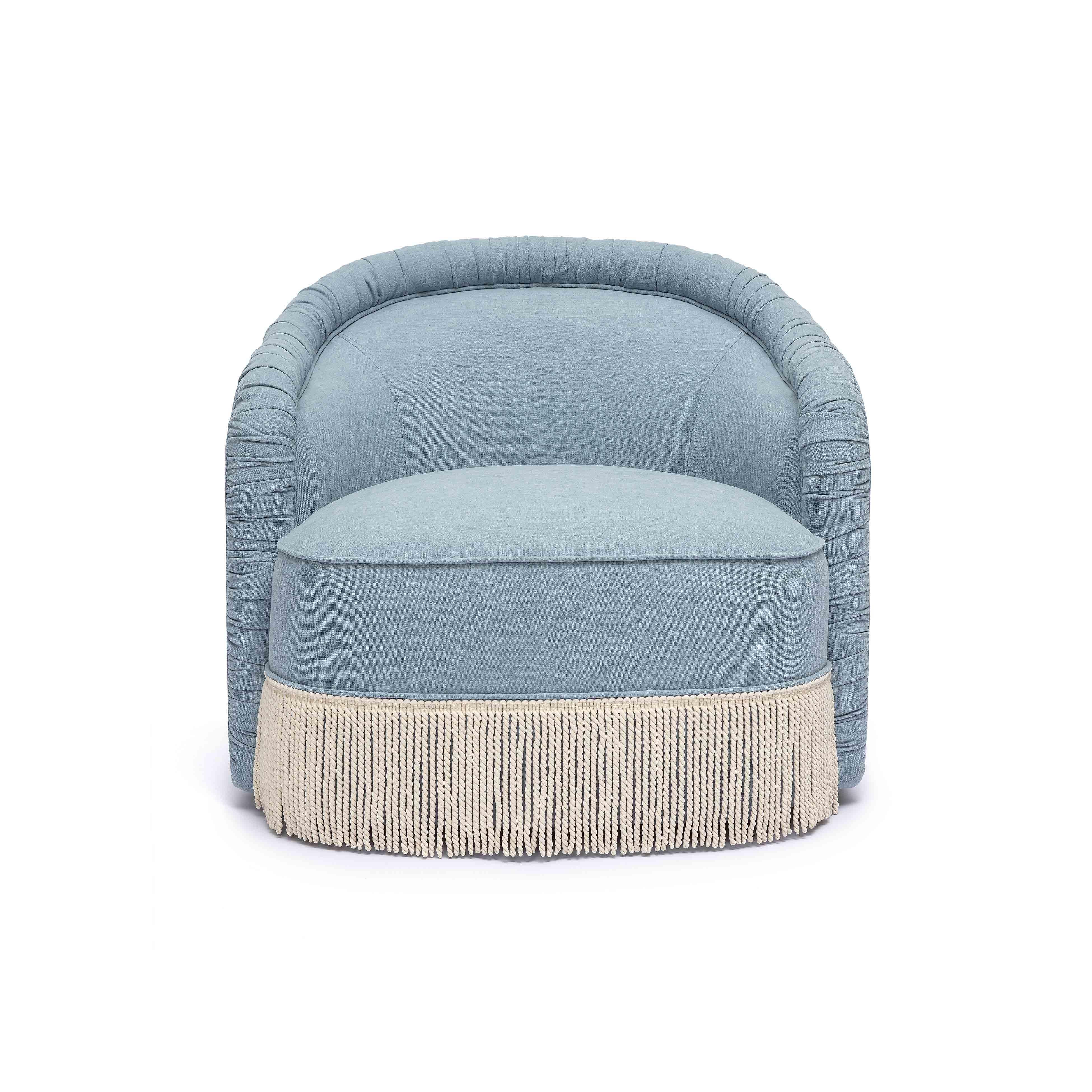 Pamela Faded Blue Upcycled Performance Fabric Tasseled Lounge Accent Chair - Image 3