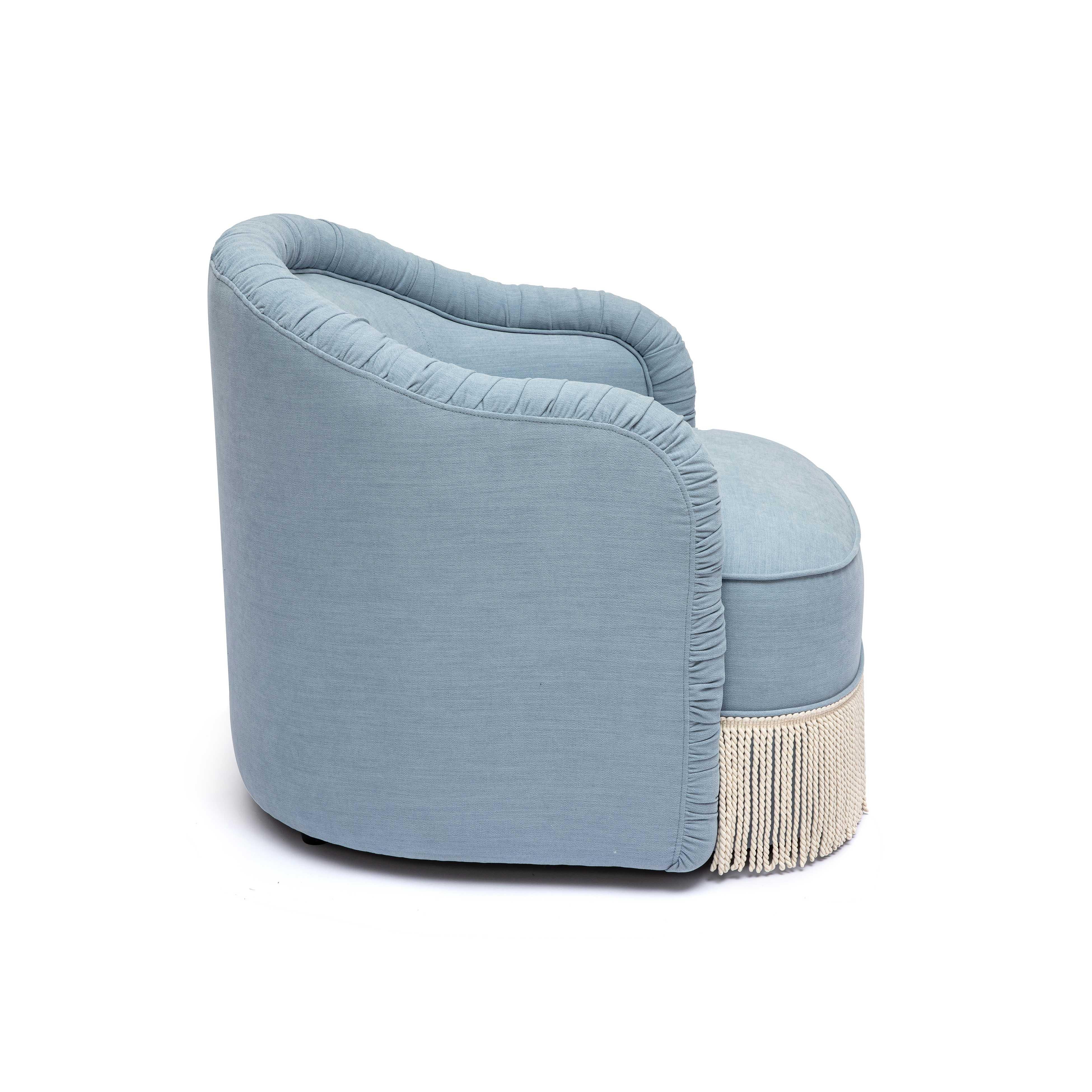 Pamela Faded Blue Upcycled Performance Fabric Tasseled Lounge Accent Chair - Image 5