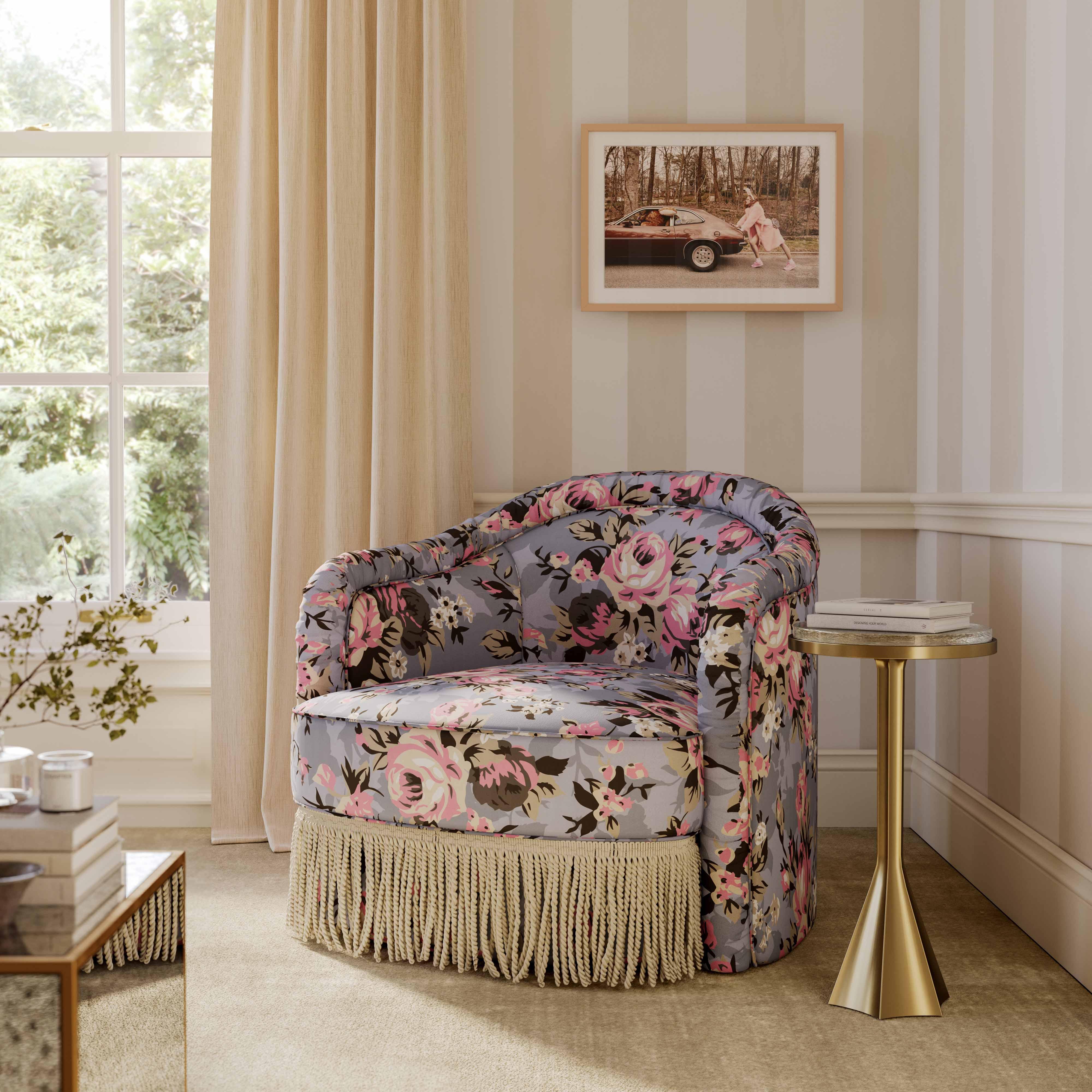 Pamela Spring Floral Print Performance Fabric Tasseled Lounge Accent Chair - Image 2