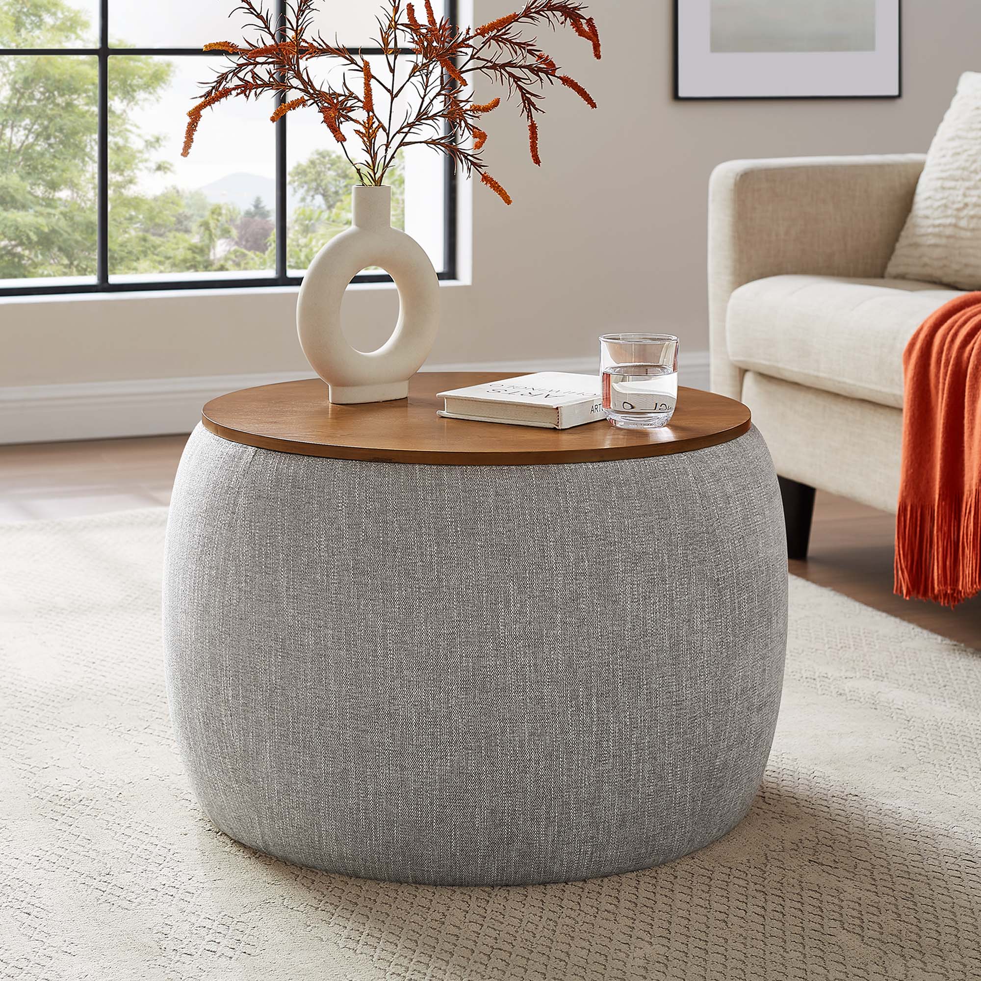 Perla Woven Heathered Fabric Upholstered Storage Ottoman - Image 12