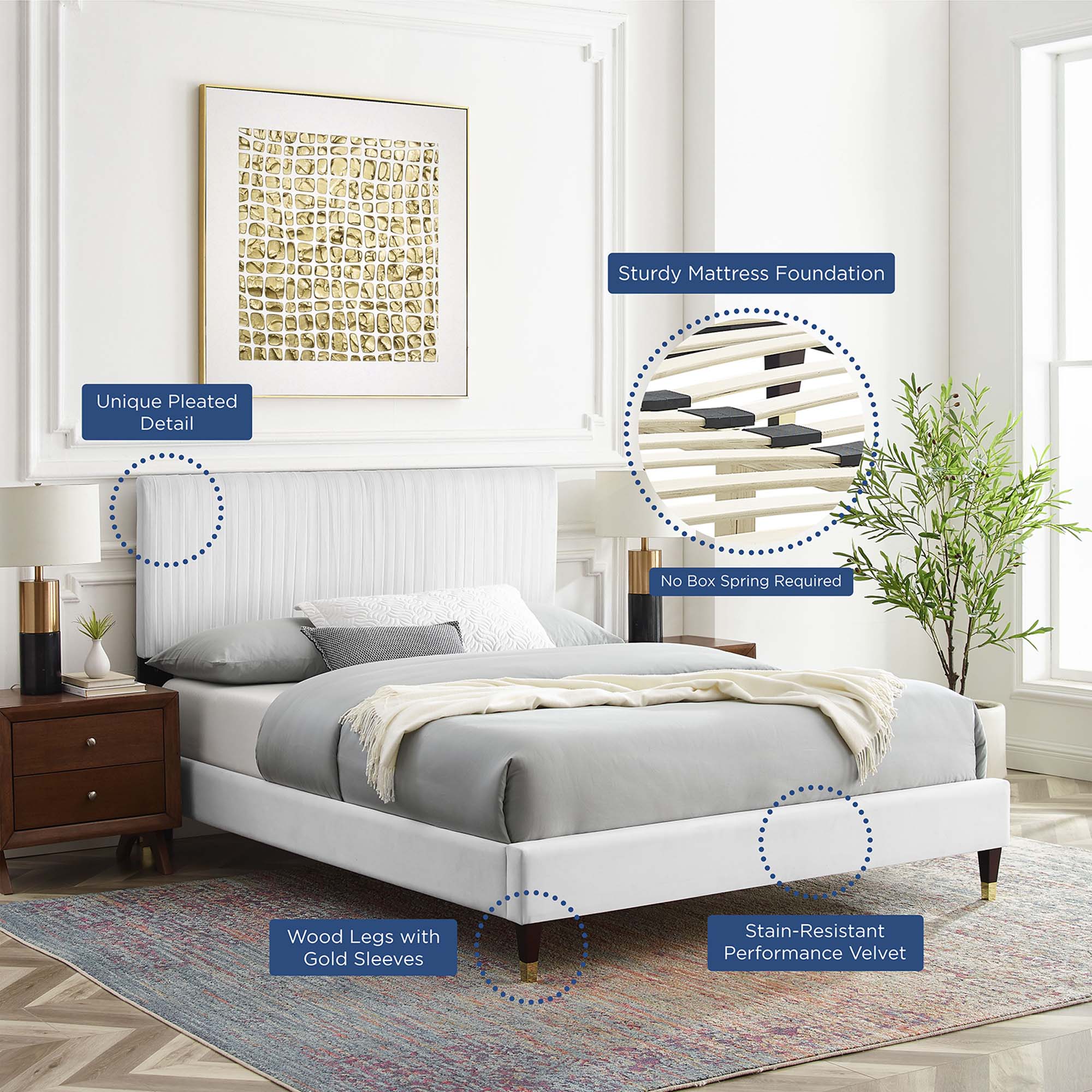 Peyton Performance Velvet Platform Bed With Wood and Gold Legs - Image 10