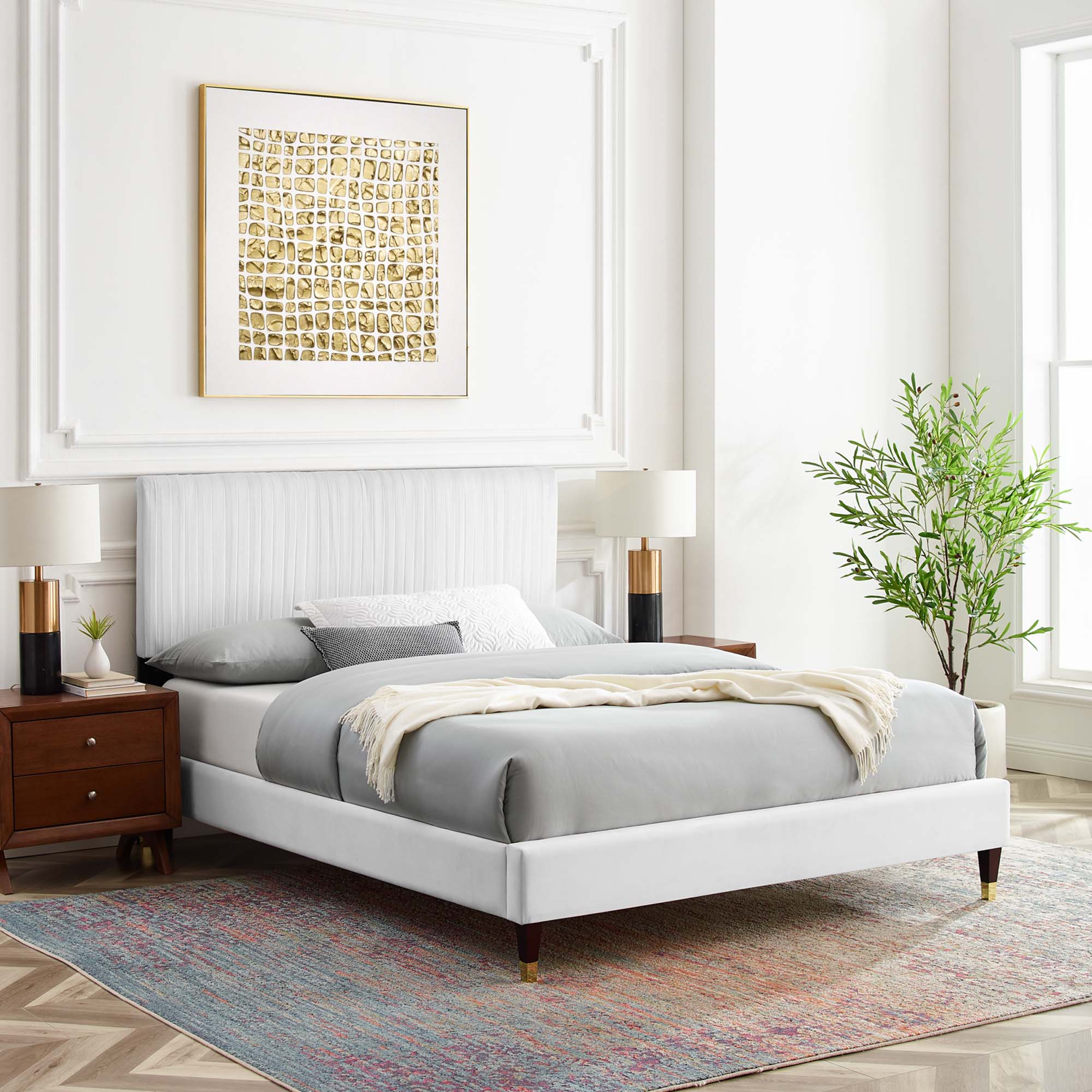 Peyton Performance Velvet Platform Bed With Wood and Gold Legs - Image 12