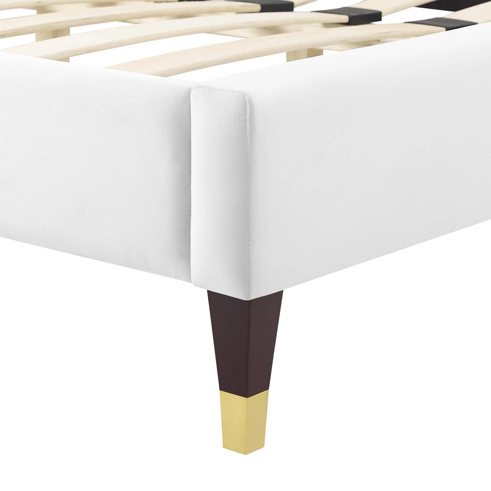 Peyton Performance Velvet Platform Bed With Wood and Gold Legs - Image 3