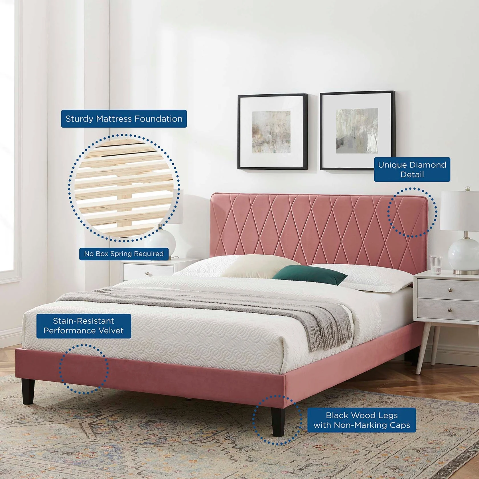 Phillipa Performance Velvet Platform Bed With Black Wood Legs - Image 9