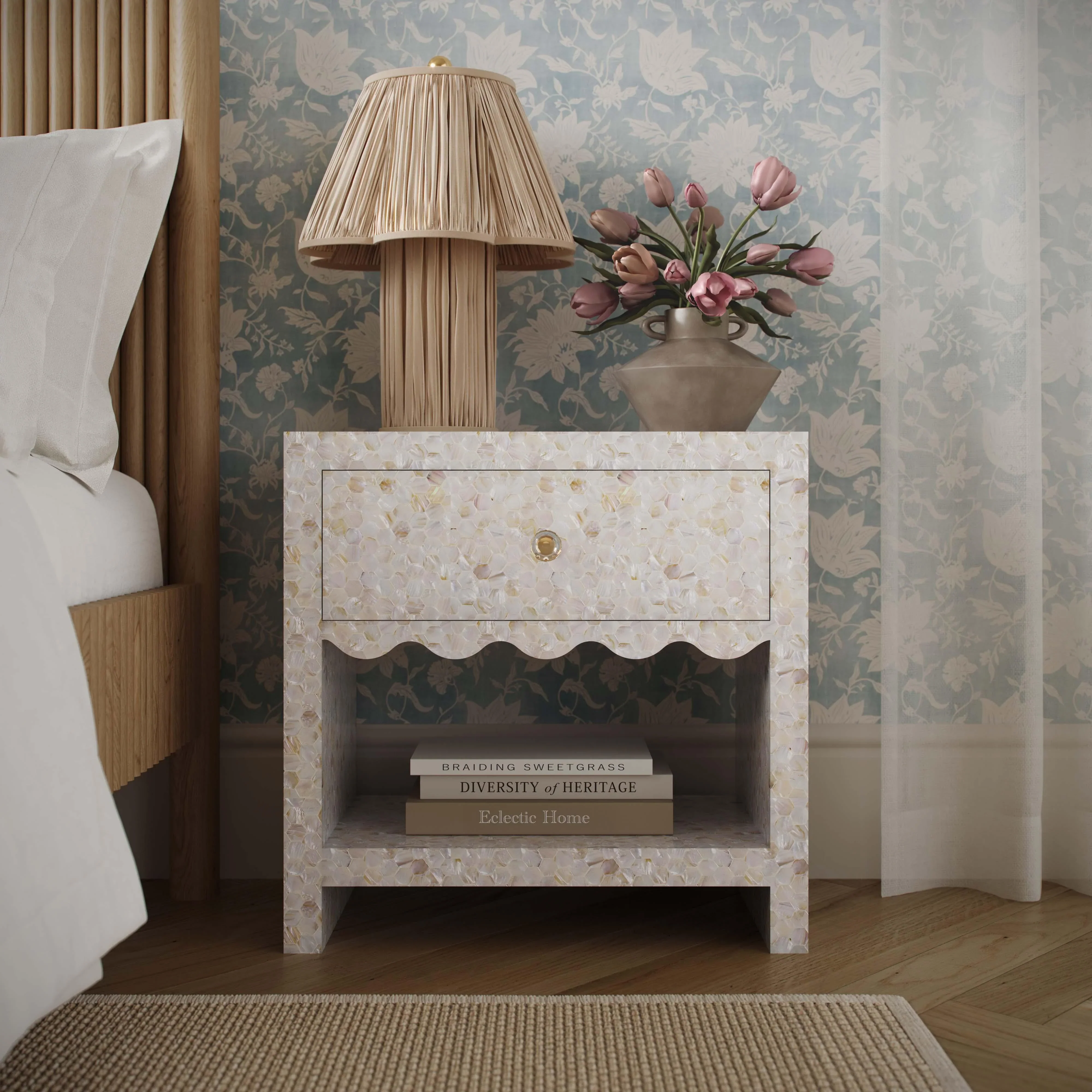 Piara 22" Natural Mother of Pearl Inlaid Nightstand With Drawer - Image 2