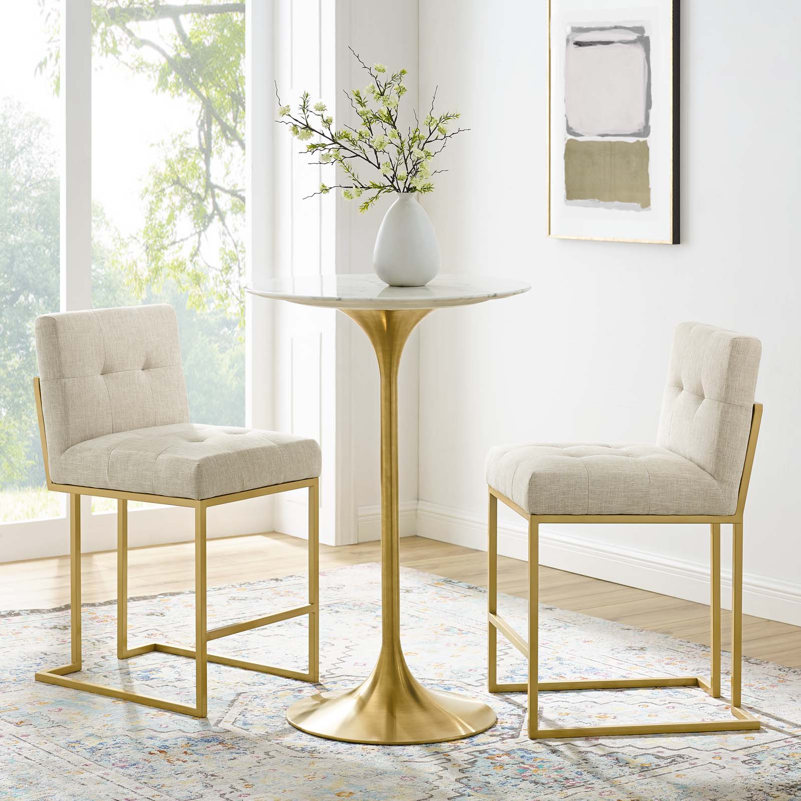 Privy Gold Stainless Steel Upholstered Fabric Counter Stool Set of 2 - Image 4