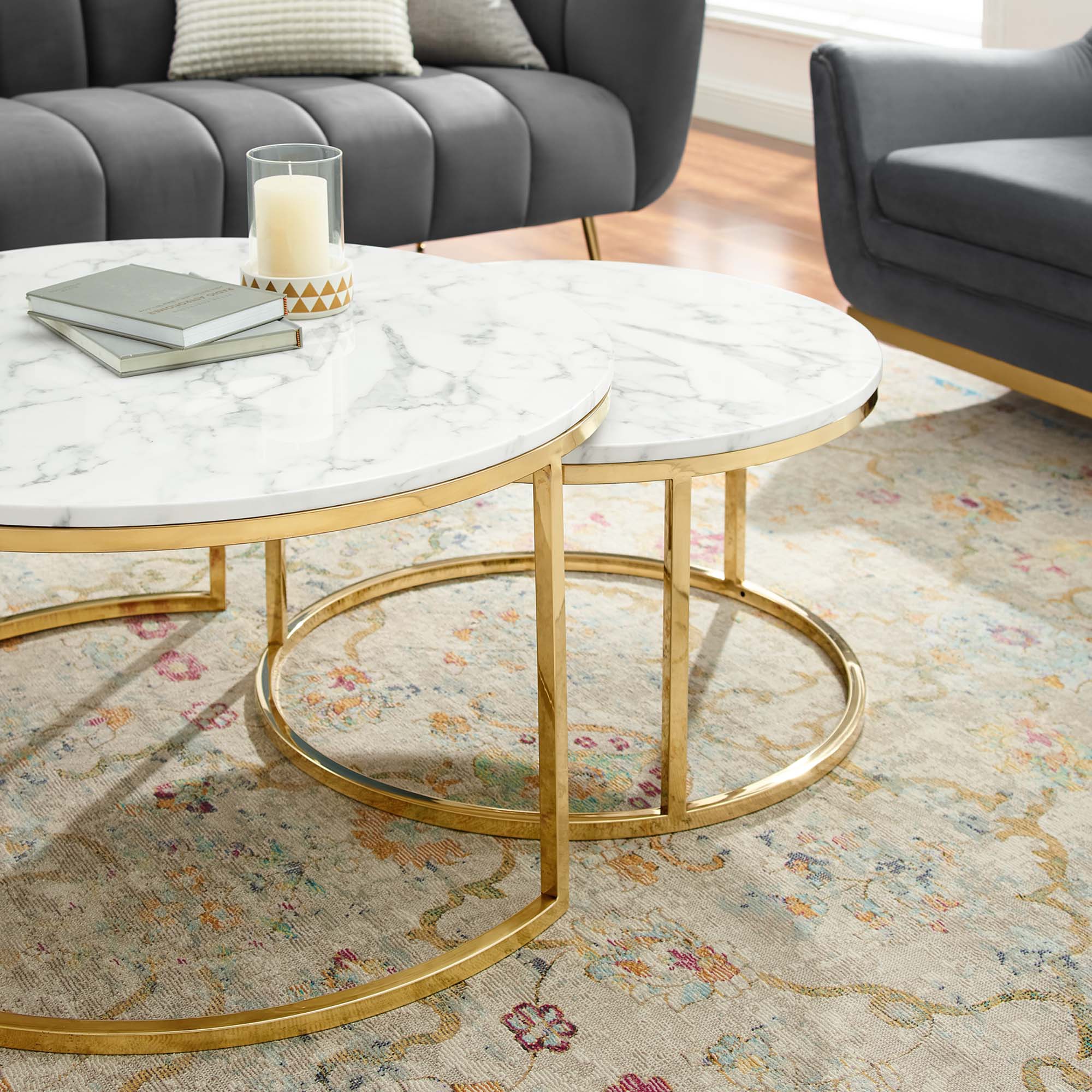 Ravenna Artificial Marble Nesting Coffee Table in Gold White - Image 3