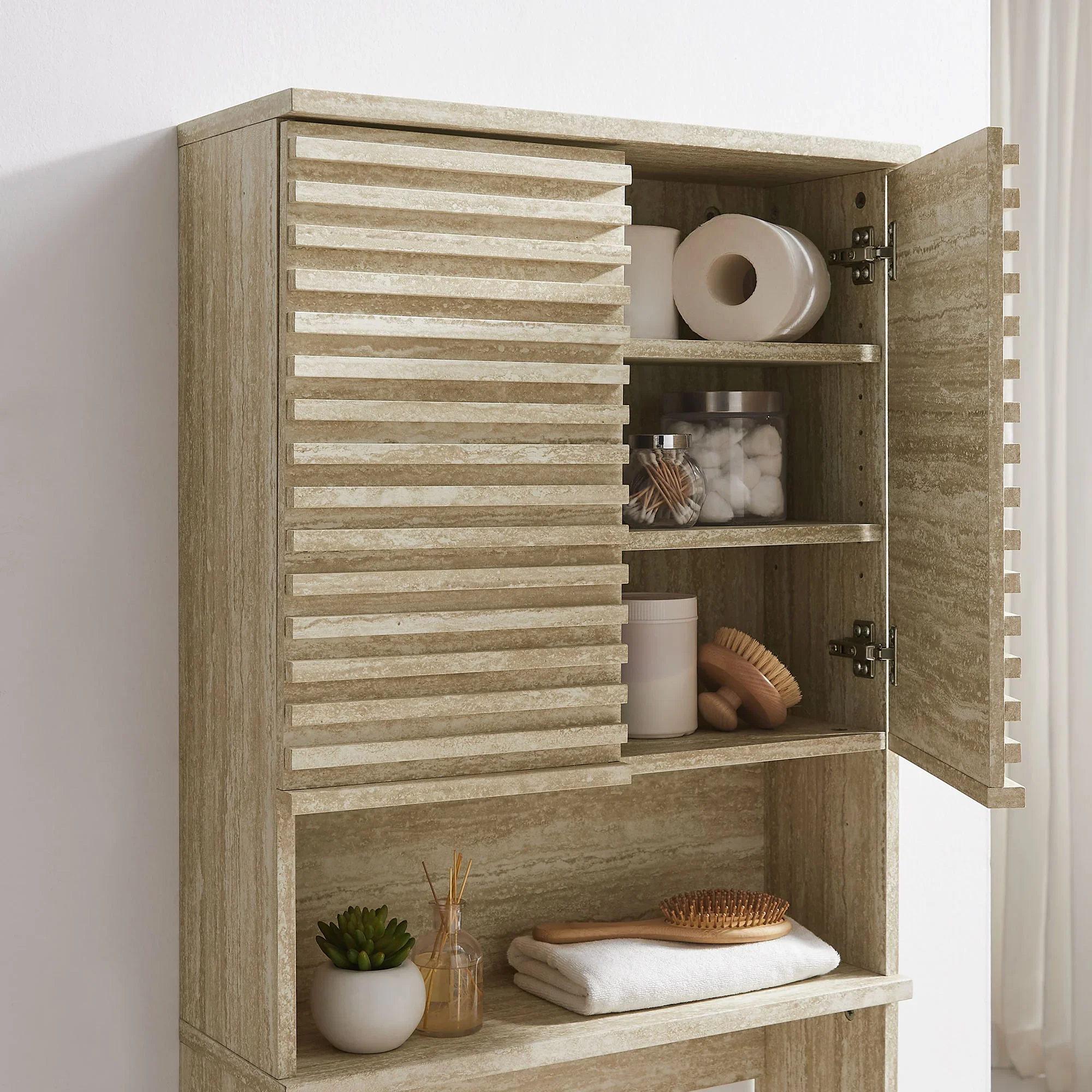 Render Over the Toilet Faux Travertine Bathroom Storage Cabinet - Image 4