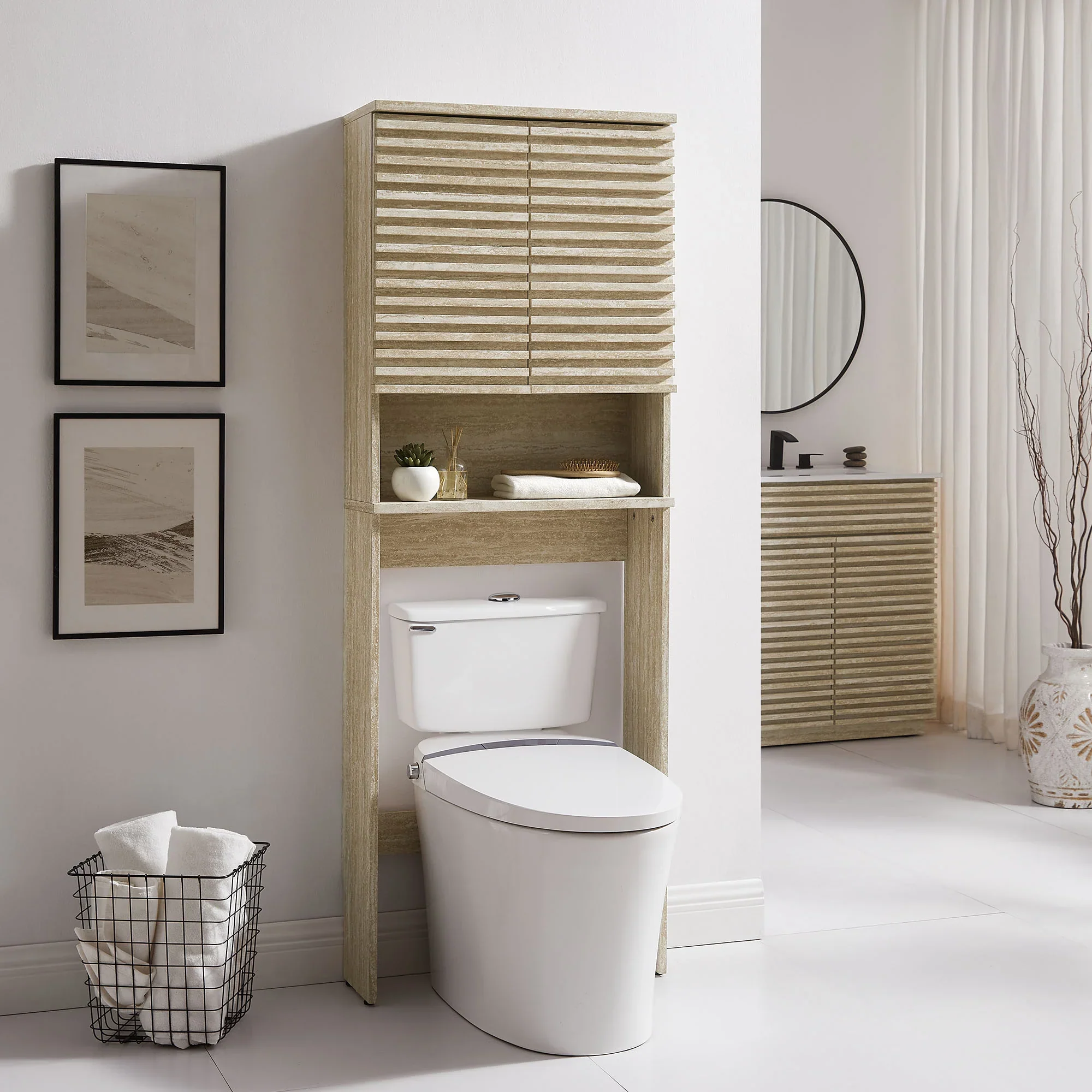 Render Over the Toilet Faux Travertine Bathroom Storage Cabinet - Image 9