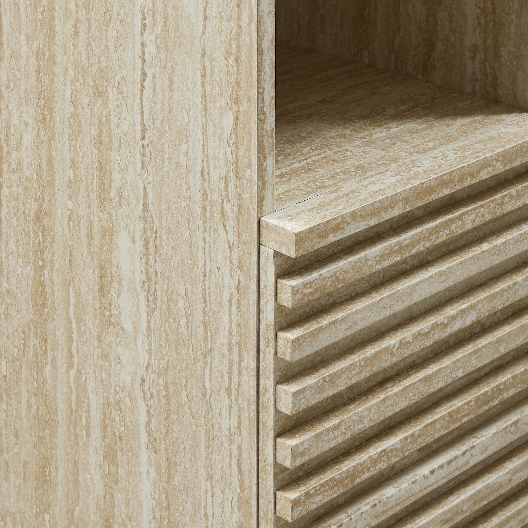 Render Tall Narrow Faux Travertine Linen Storage Cabinet - Image 6