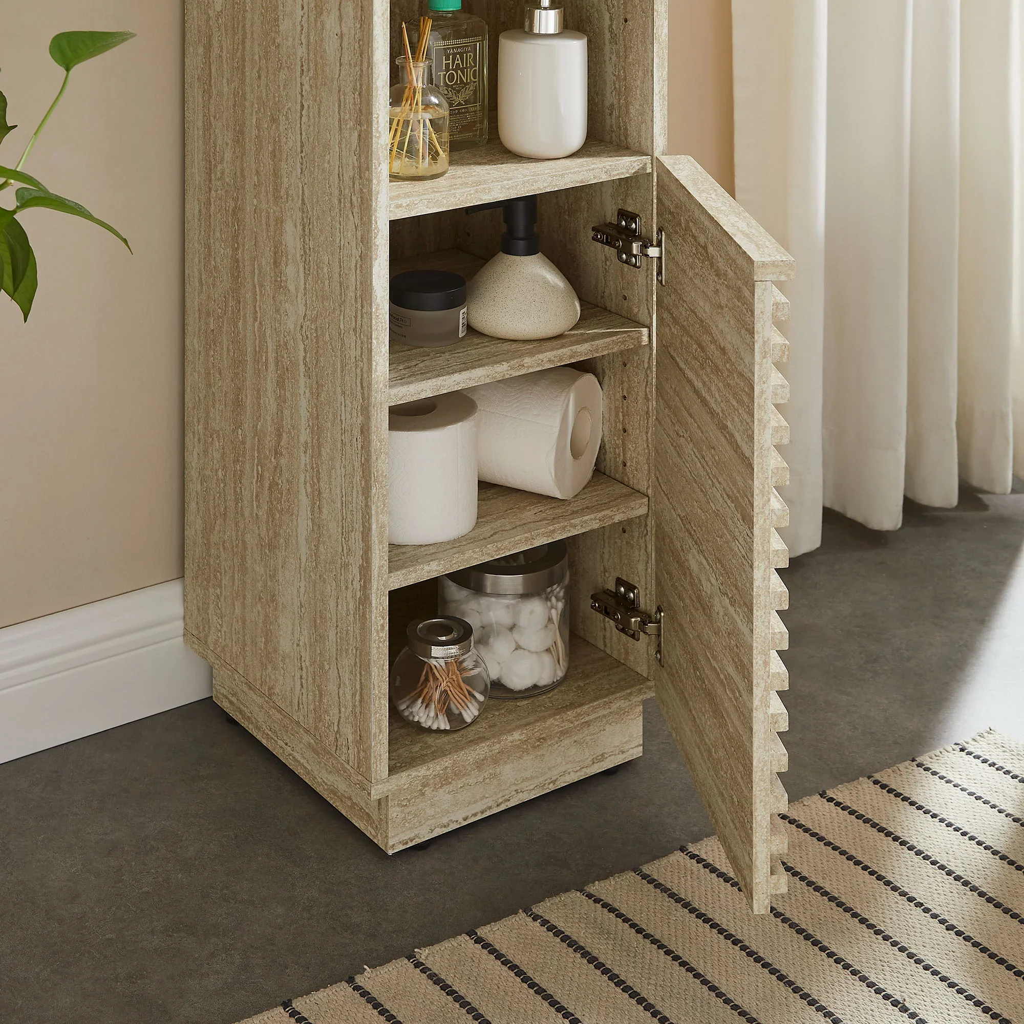 Render Tall Narrow Faux Travertine Linen Storage Cabinet - Image 7