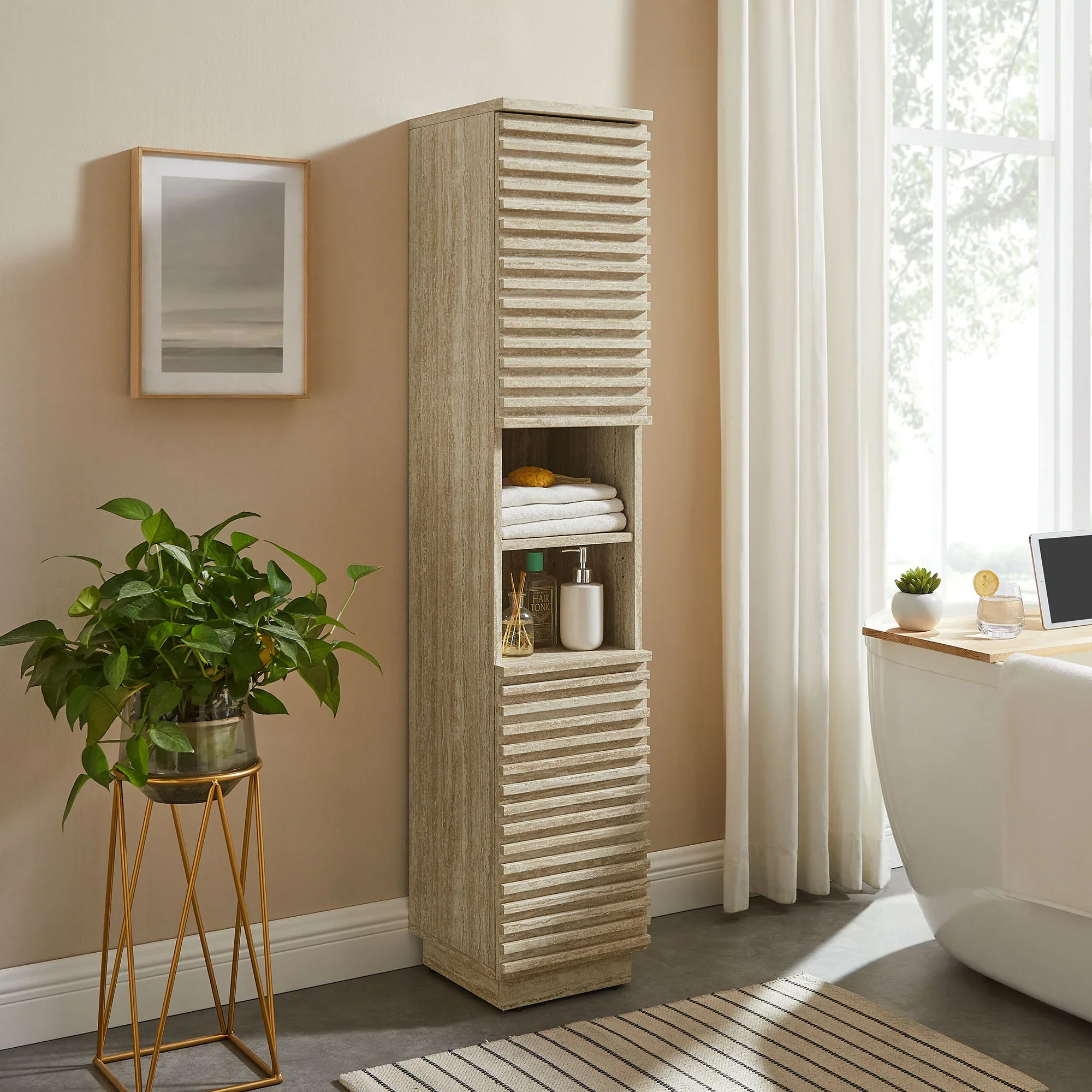 Render Tall Narrow Faux Travertine Linen Storage Cabinet - Image 8