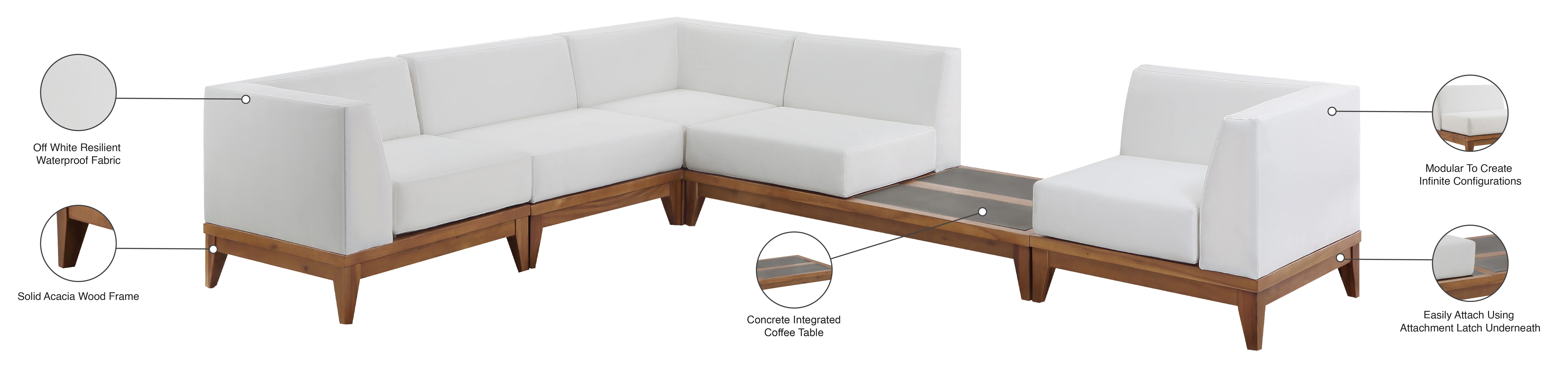 Rio 125" Off White Water Resistant Fabric Upholstered Outdoor Patio 5pc. Modular Sectional - Image 4