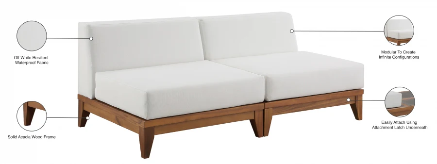 Rio Off White Water Resistant Fabric Upholstered Outdoor Patio 2pc. Armless Modular Loveseat - Image 7