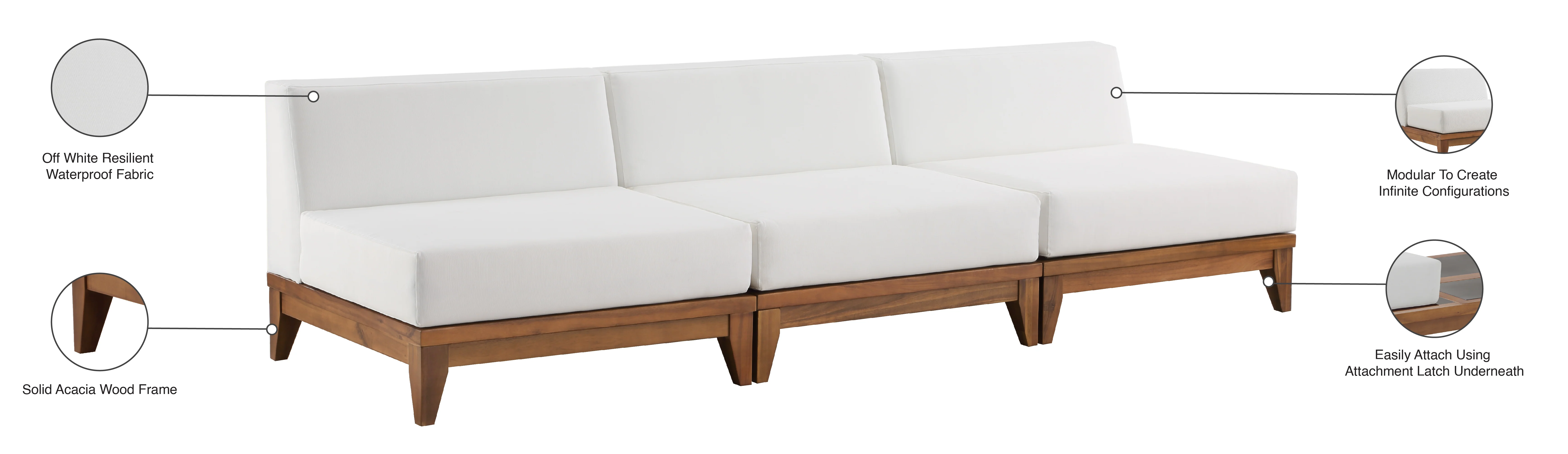 Rio Off White Water Resistant Fabric Upholstered Outdoor Patio 3pc. Armless Modular Sofa - Image 7