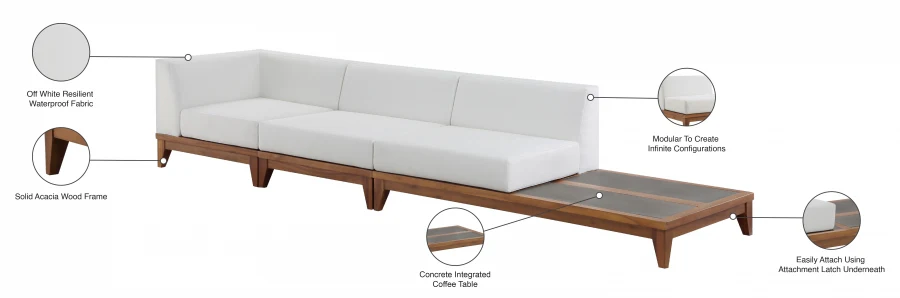 Rio Off White Water Resistant Fabric Upholstered Outdoor Patio 3pc. Modular Sofa - Image 4