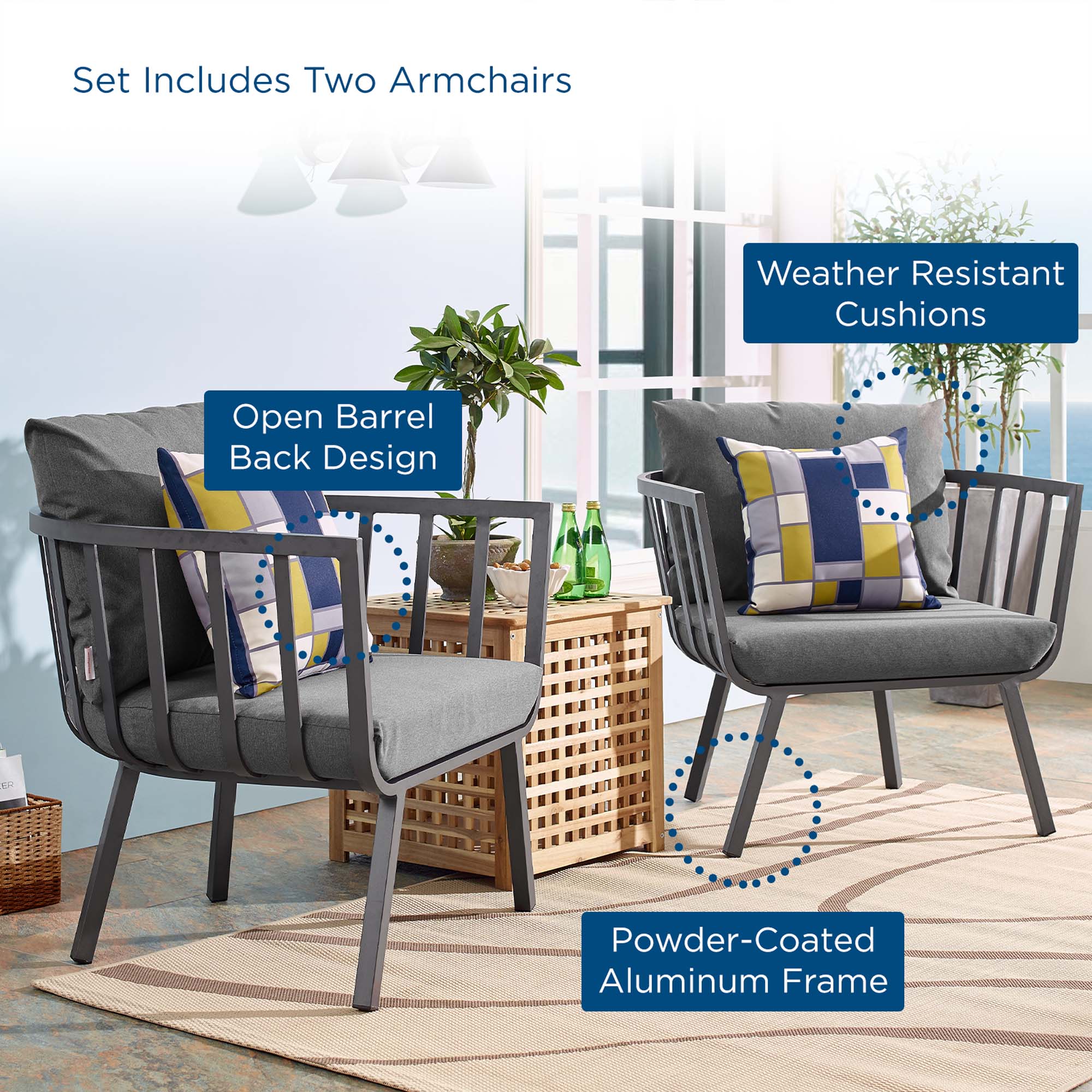 Riverside Outdoor Patio Aluminum Armchair Set of 2 - Image 8