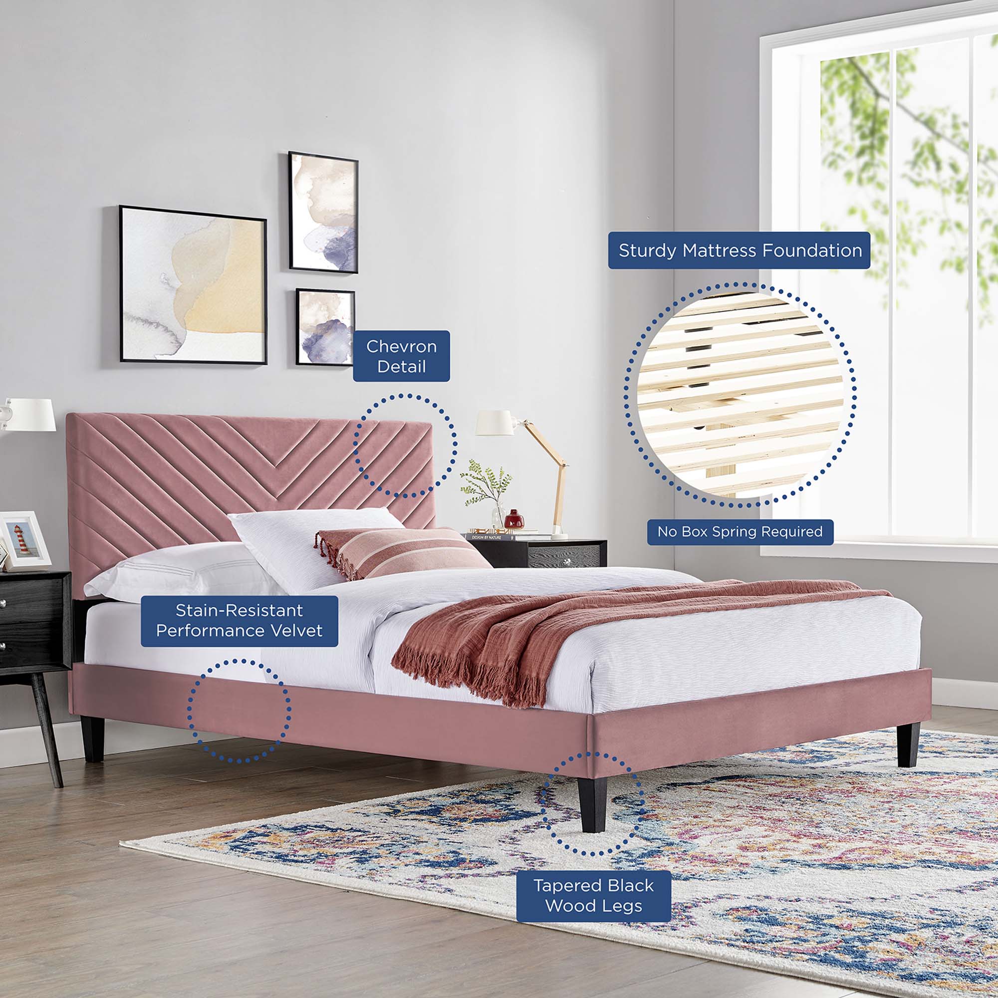 Roxanne Performance Velvet Platform Bed With Black Wood Legs - Image 13