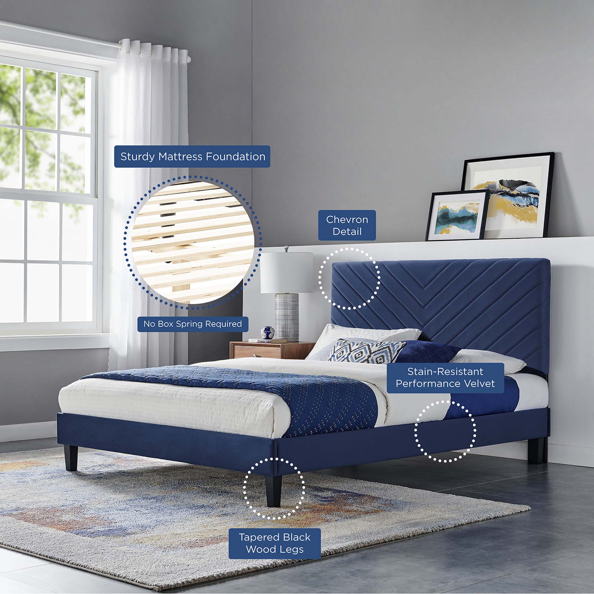Roxanne Performance Velvet Platform Bed With Black Wood Legs - Image 27