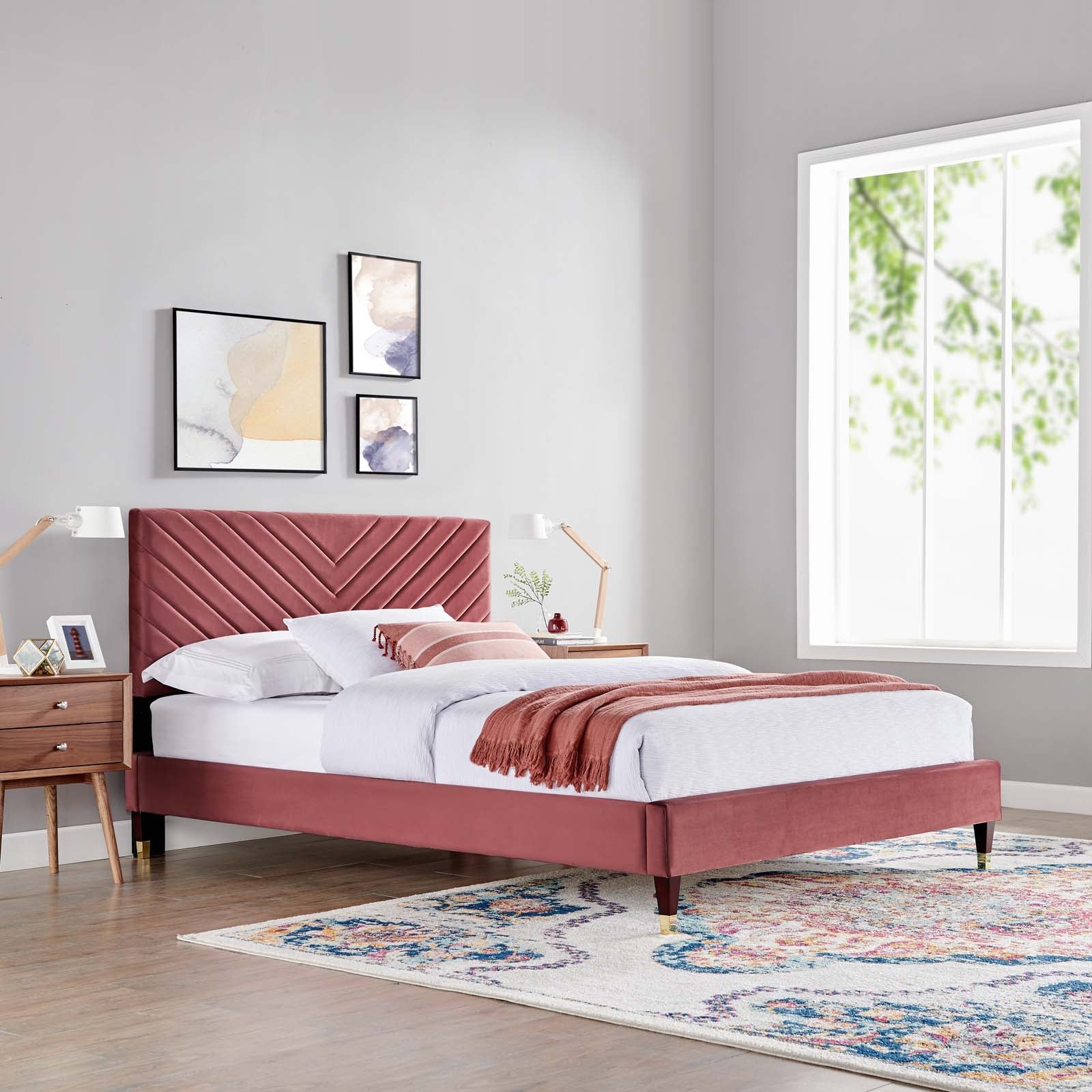 Roxanne Performance Velvet Platform Bed With Wood and Gold Legs - Image 11