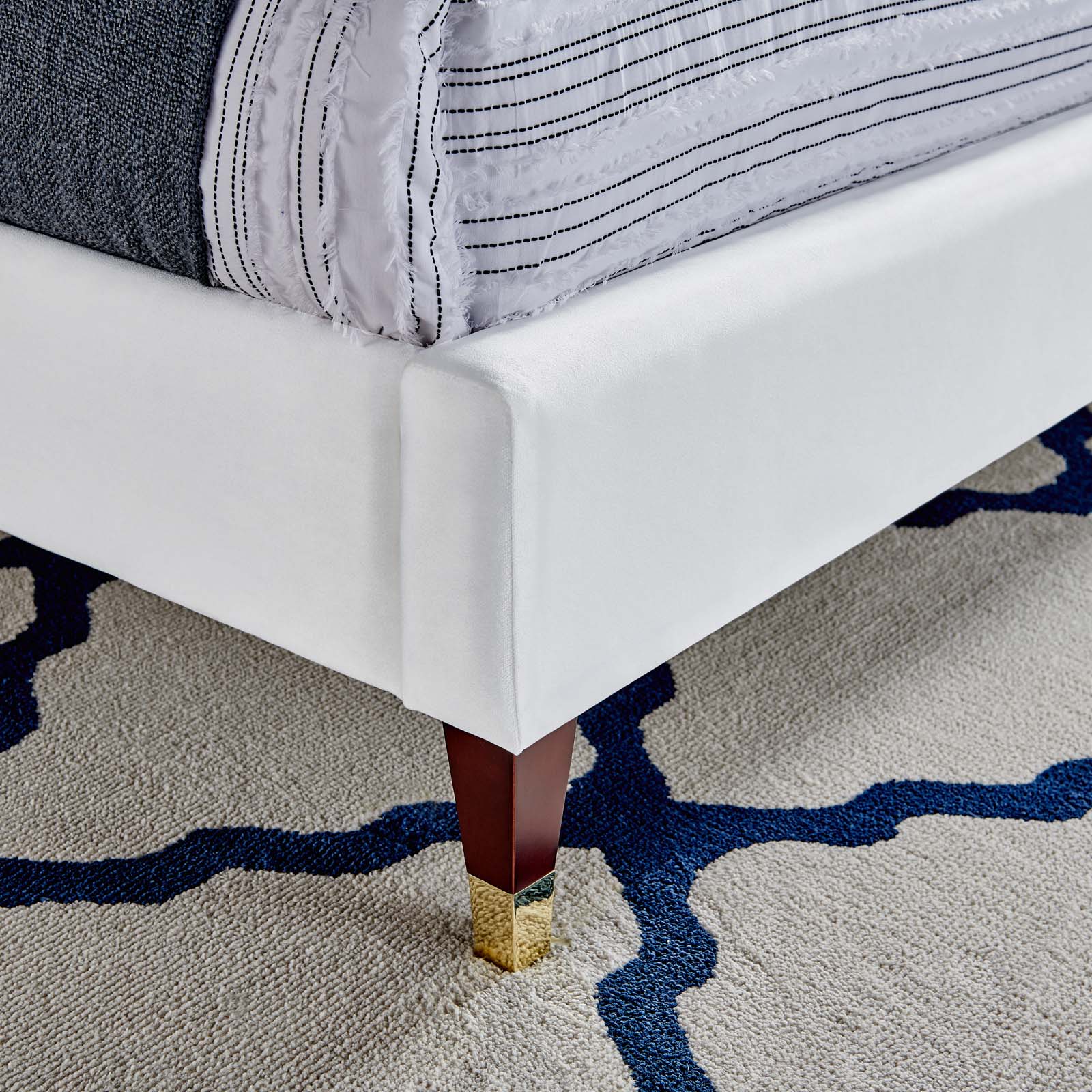 Roxanne Performance Velvet Platform Bed With Wood and Gold Legs - Image 2