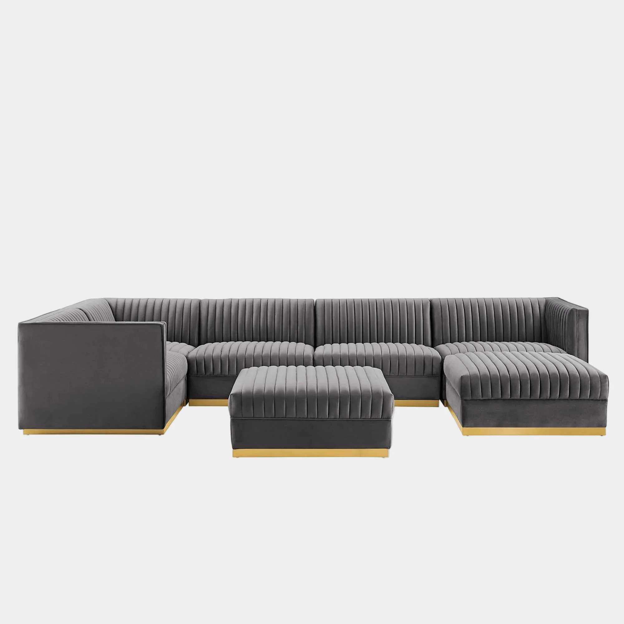 Sanguine 7-Piece Channel Tufted Performance Velvet Left-Facing Modular Sectional Sofa in Gray