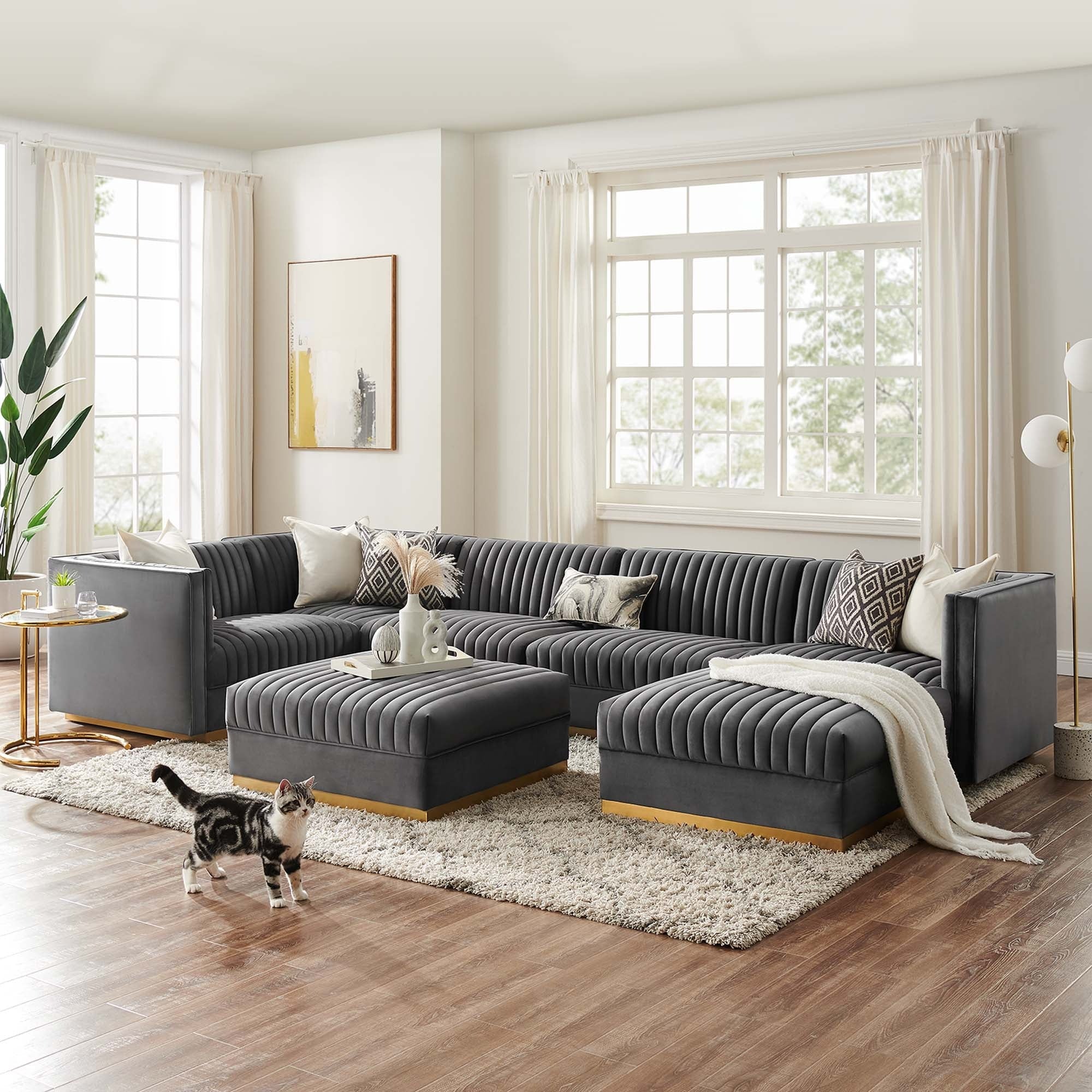 Sanguine 7-Piece Channel Tufted Performance Velvet Left-Facing Modular Sectional Sofa in Gray - Image 2