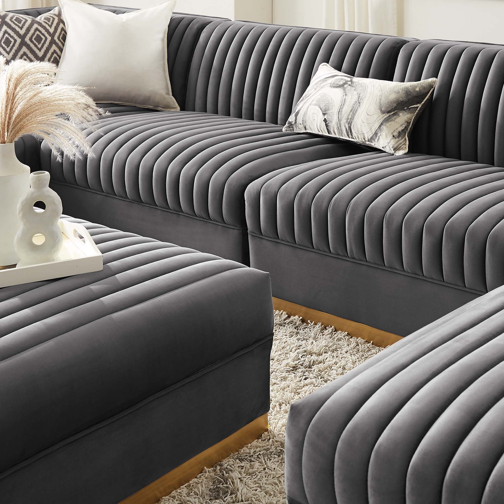 Sanguine 7-Piece Channel Tufted Performance Velvet Left-Facing Modular Sectional Sofa in Gray - Image 3