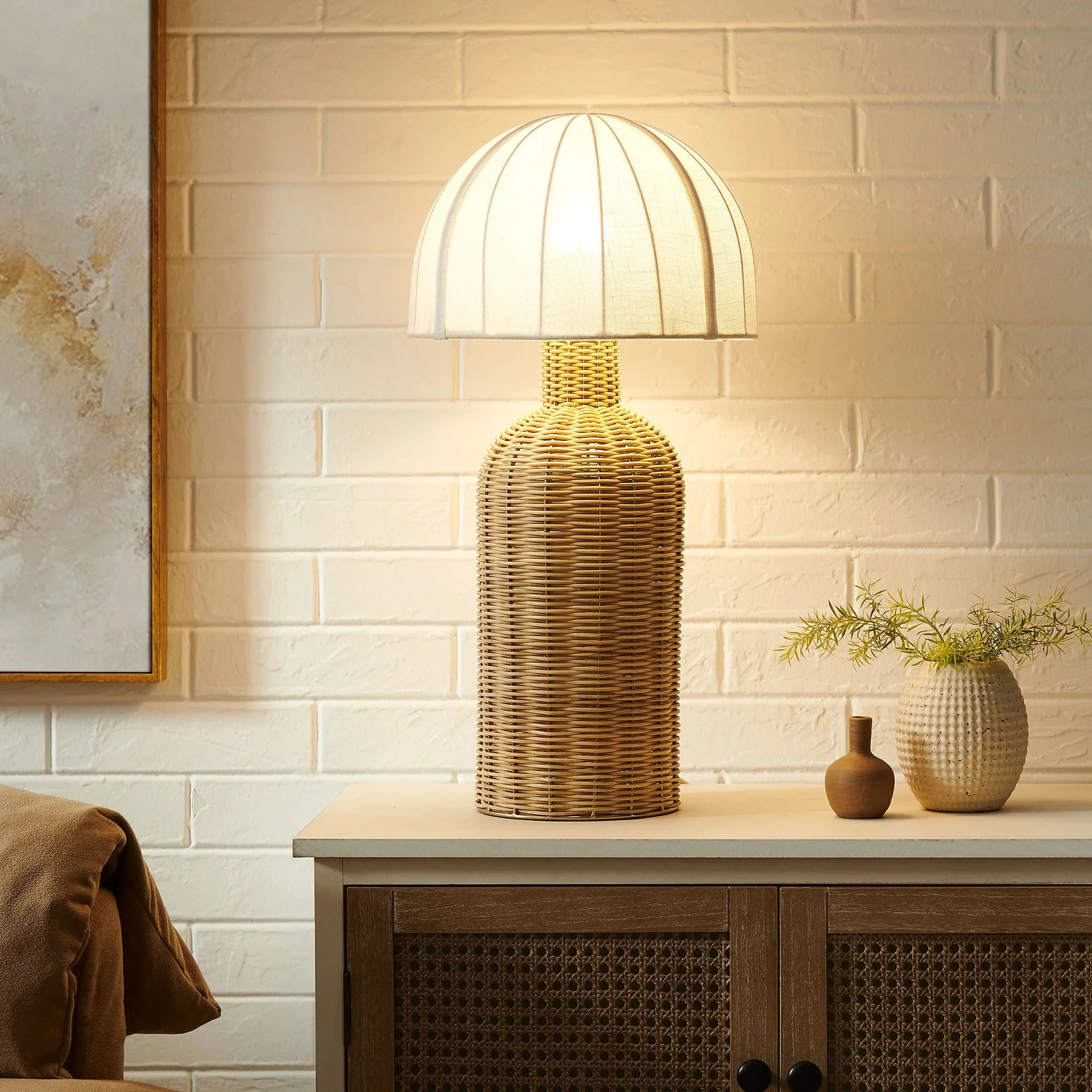 Santo Rattan Table Lamp With Dome Shade in White Natural - Image 2