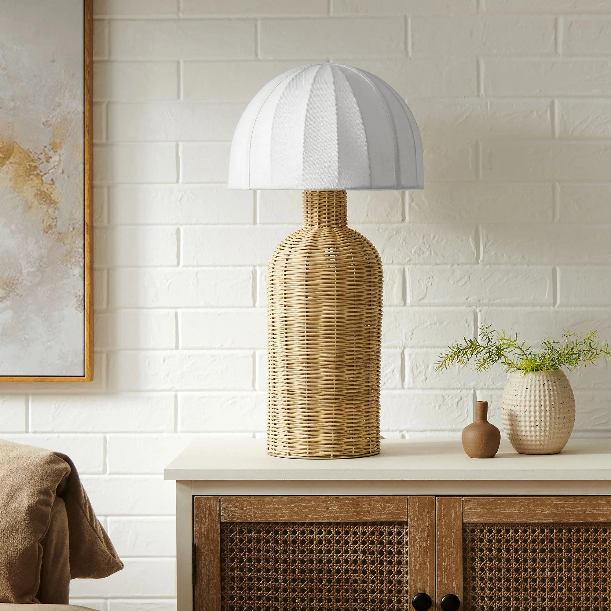 Santo Rattan Table Lamp With Dome Shade in White Natural - Image 3