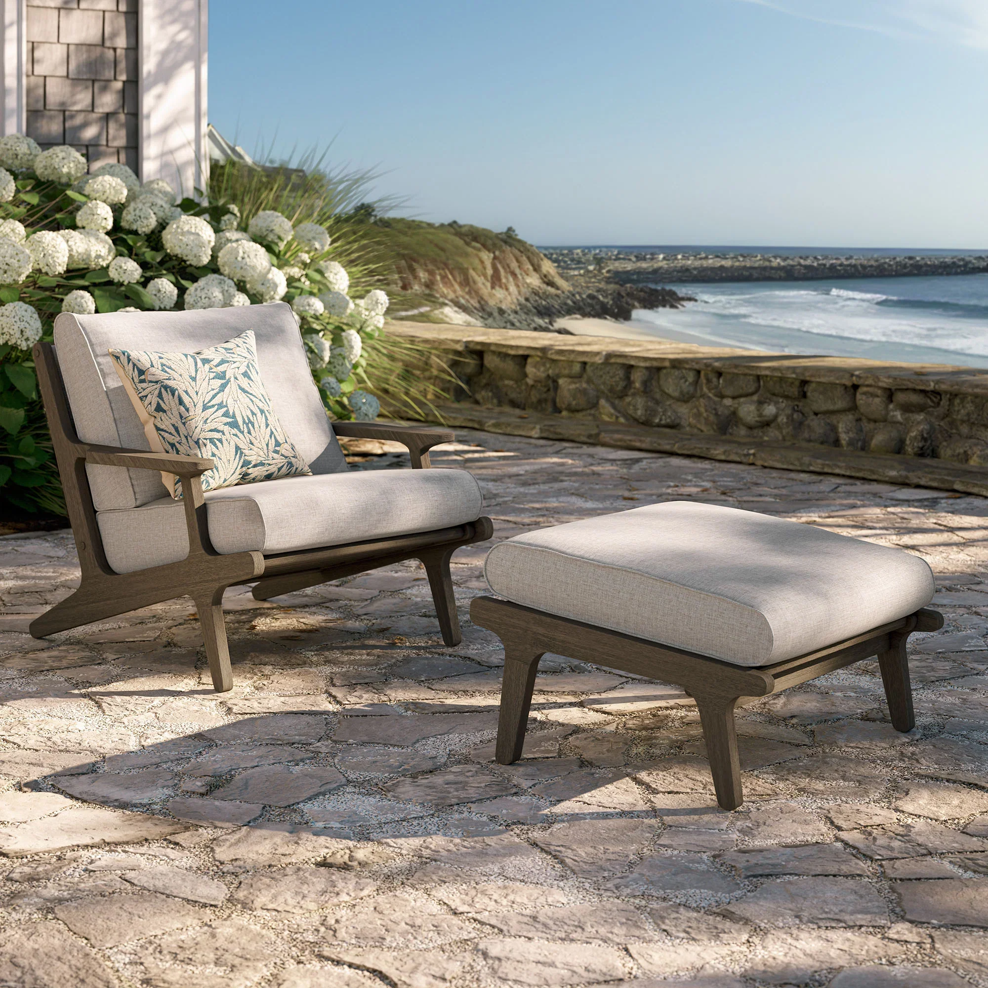 Saratoga Outdoor Patio Teak Wood Chair and Ottoman Set in Weathered - Image 13