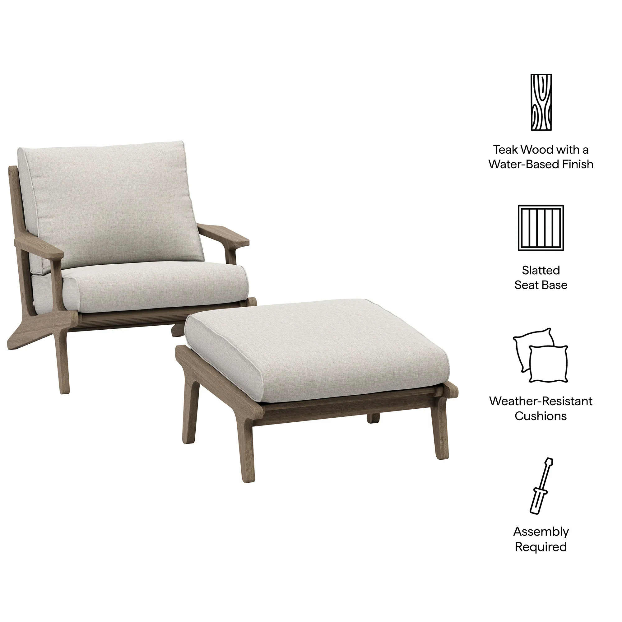 Saratoga Outdoor Patio Teak Wood Chair and Ottoman Set in Weathered - Image 14