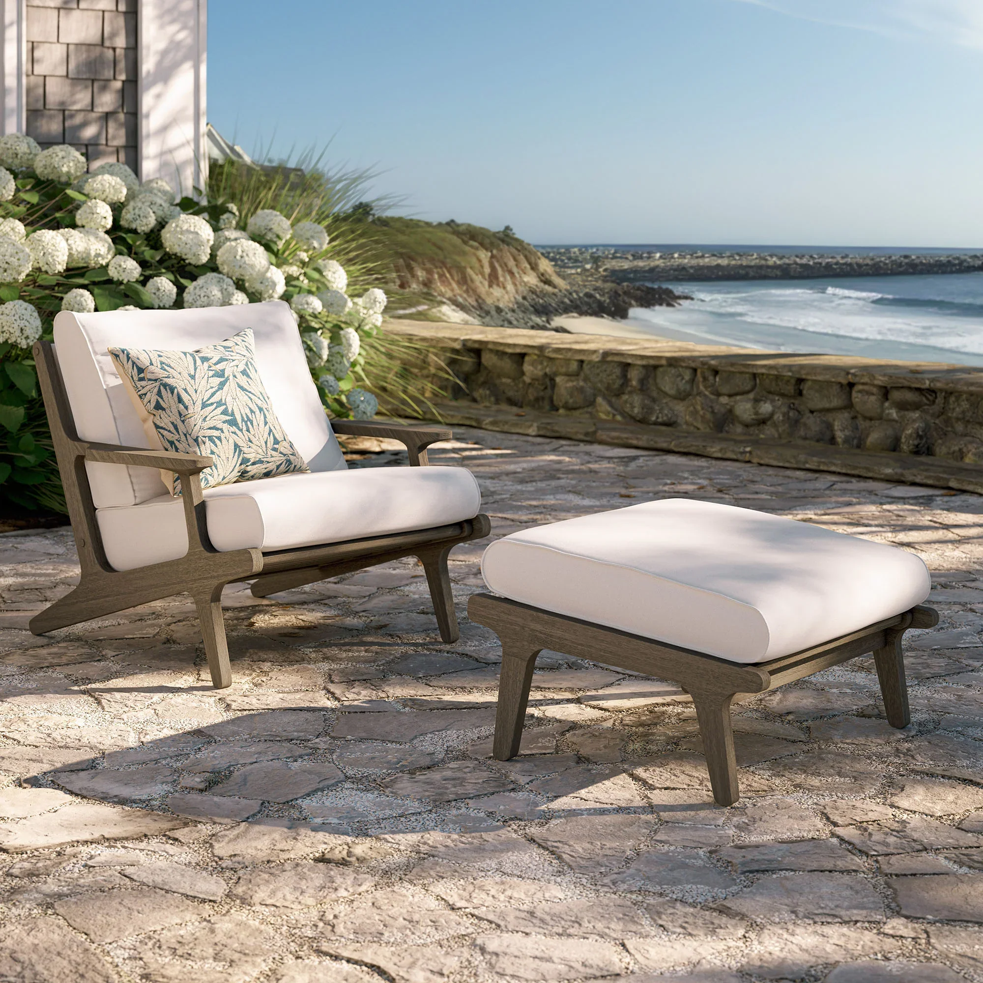 Saratoga Outdoor Patio Teak Wood Chair and Ottoman Set in Weathered - Image 2