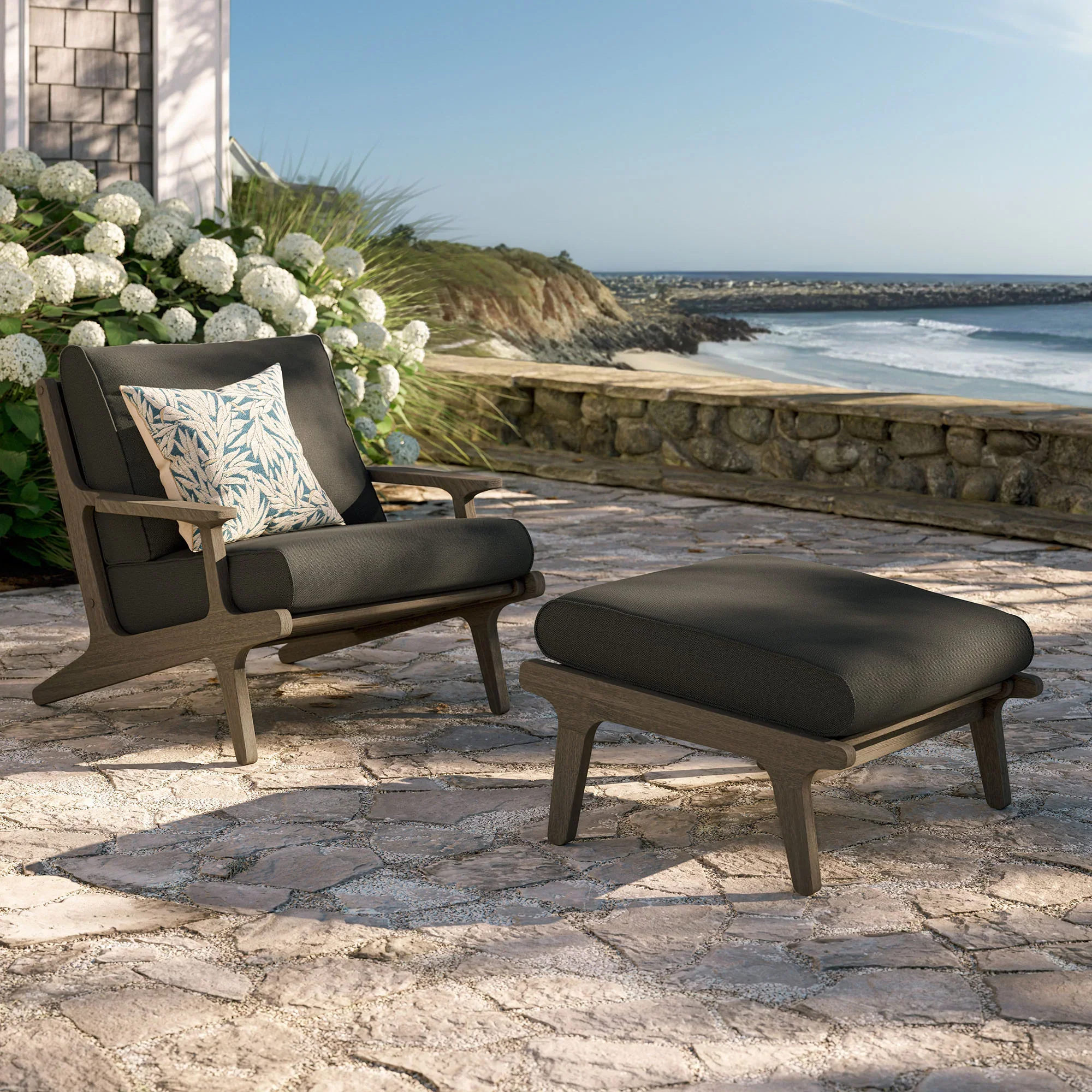 Saratoga Outdoor Patio Teak Wood Chair and Ottoman Set in Weathered - Image 24
